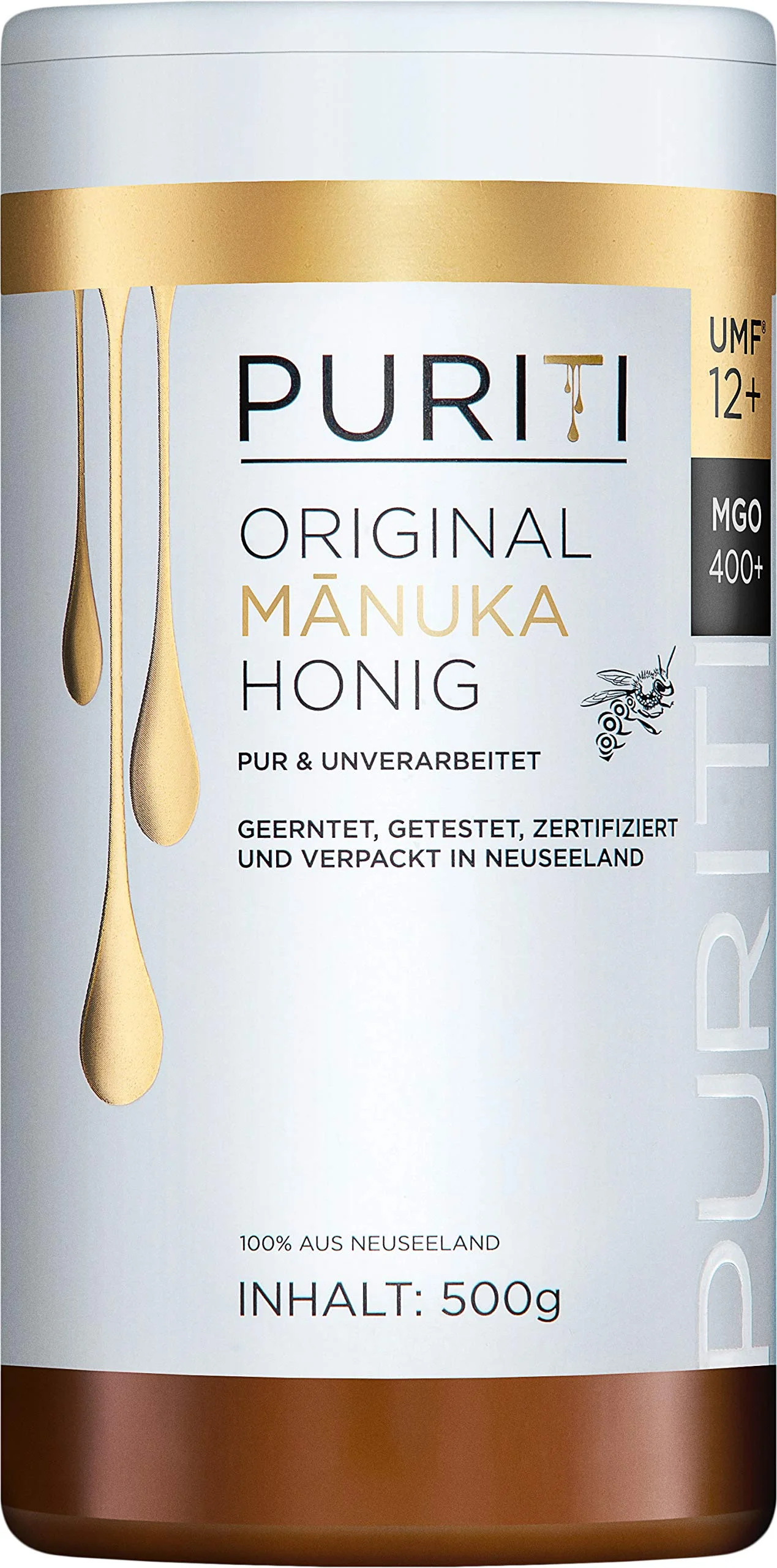 PURITI Manuka Honig MGO 400+ 500g aus Neuseeland mit zertifiziertem Methylglyoxal Gehalt - Laborgeprüft, Direktimport, reines Naturprodukt, frei von Zusatzstoffen
