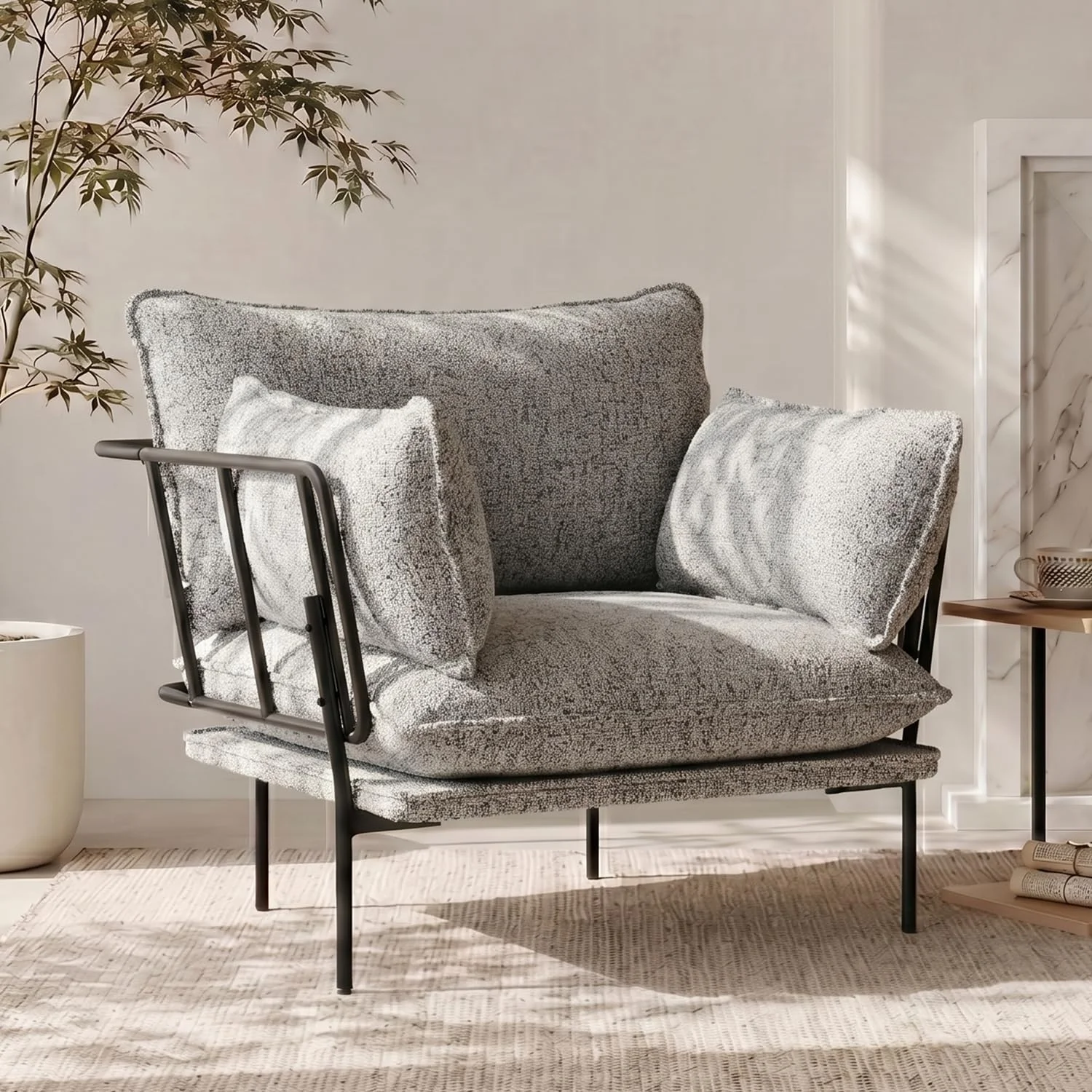 YEEFY Bouclé Loungesessel mit Metallbeinen – gepolsterter Akzentstuhl als Lesesessel, Wohnzimmerstuhl, Schlafzimmerstuhl & Balkonstuhl, moderner Polstersessel für Entspannung