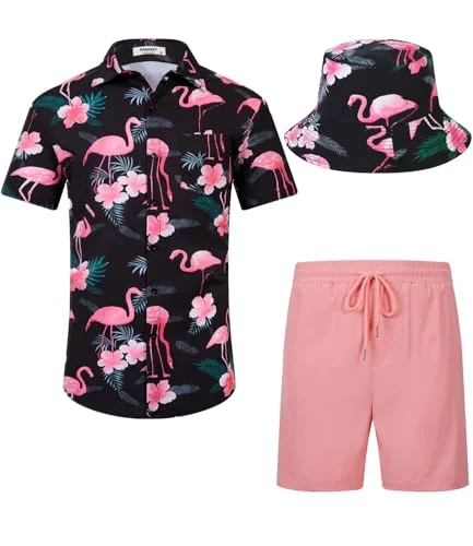 SPKPKEY Herren Hawaiihemd & Shorts Set Regular Fit Kurzarm Casual Strandoutfit mit Bucket Hut S-XXL