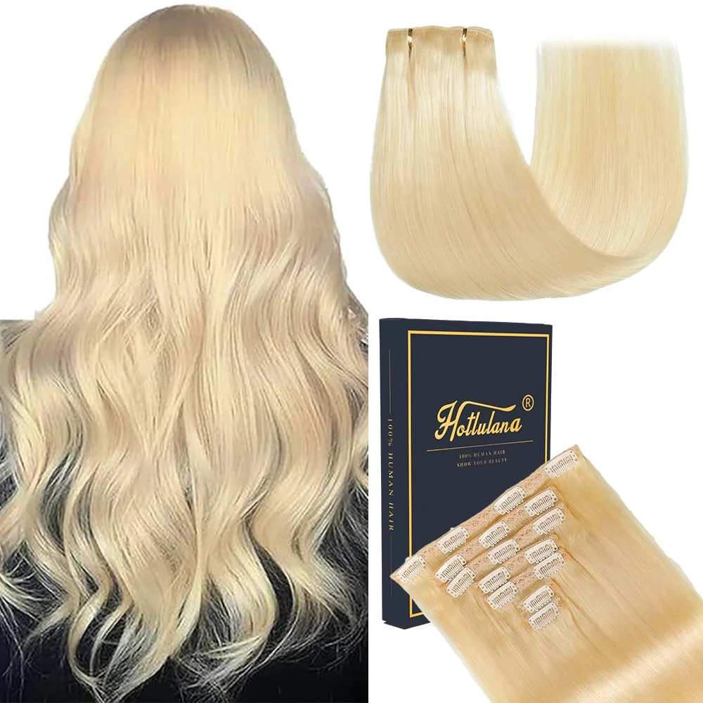 HotLulana Clip in Extensions Echthaar 7pcs 40cm 120g Blond Invisible Remy Natürliche Skin Weft Echthaar Extensions(16Zoll,613#)