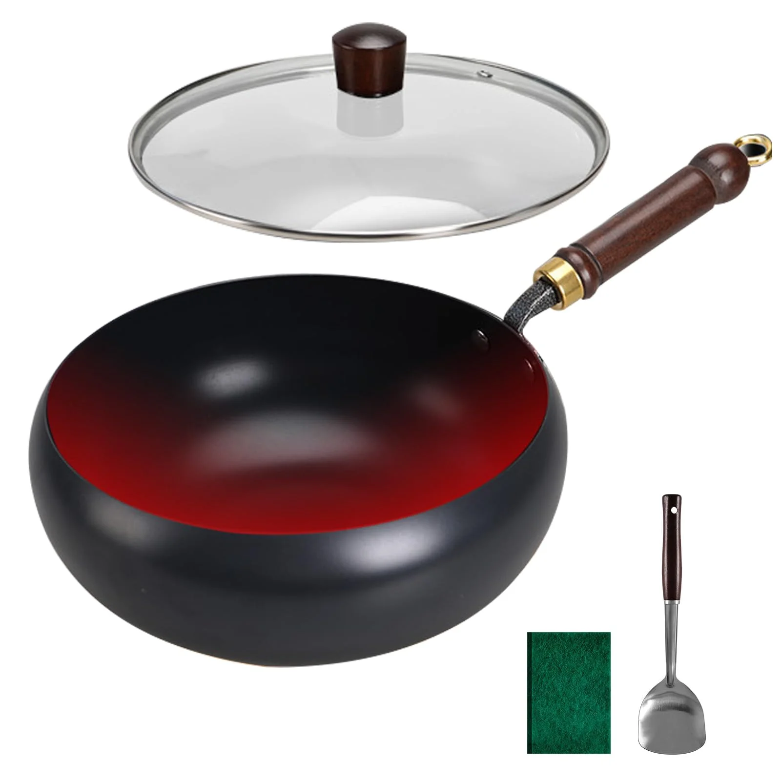 Japanische Eisenpfanne – 2025 Handgefertigte Unbeschichtete Antihaftpfanne aus Reinem Eisen 24cm mit Holzdeckel oder Glasabdeckung,Für Küche,Induktion,Elektro- und Gasherde (24cm glass cover)