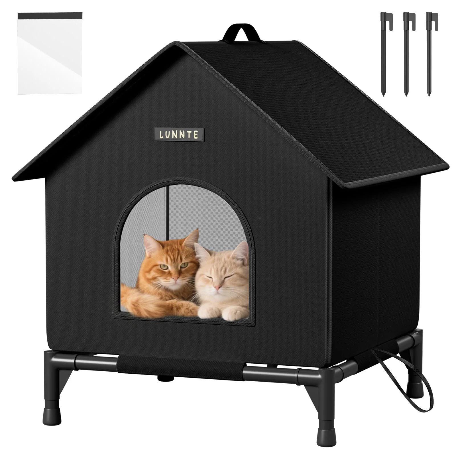 Wasserdichtes Outdoor Katzenhaus, Robustes 4-Jahreszeiten Katzenhäuschen mit erhöhtem Stand, Wetterfestes Tierheim mit Türvorhang für Katzen & Kleine Hunde, Streuner (XL, Schwarz)