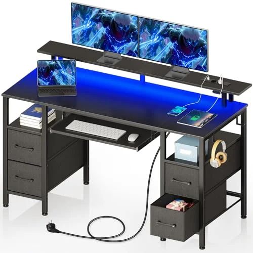 Seventable Computertisch 120 cm mit LED-Leuchten und Steckdosen, Home-Office-Schreibtisch mit 4 Schubladen, Schreibtisch mit Tastaturablage, Arbeitsschreibtisch mit Monitorständer