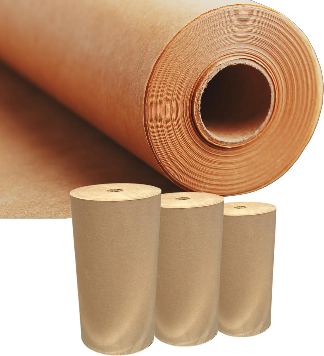 Rolle aus naturbraunem Kraftpapier. Erhältlich in Längen von 100 bis 300 Metern und Breiten von 30, 60, 90 oder 105 cm. (105x100m – 45g)