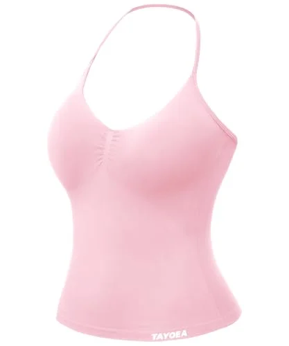 TAYOEA Tank Top Damen Bauchfreies Oberteil mit V-Ausschnitt Rückenfreies Crop Top mit Integriertem Pads Damen für Yoga Gym