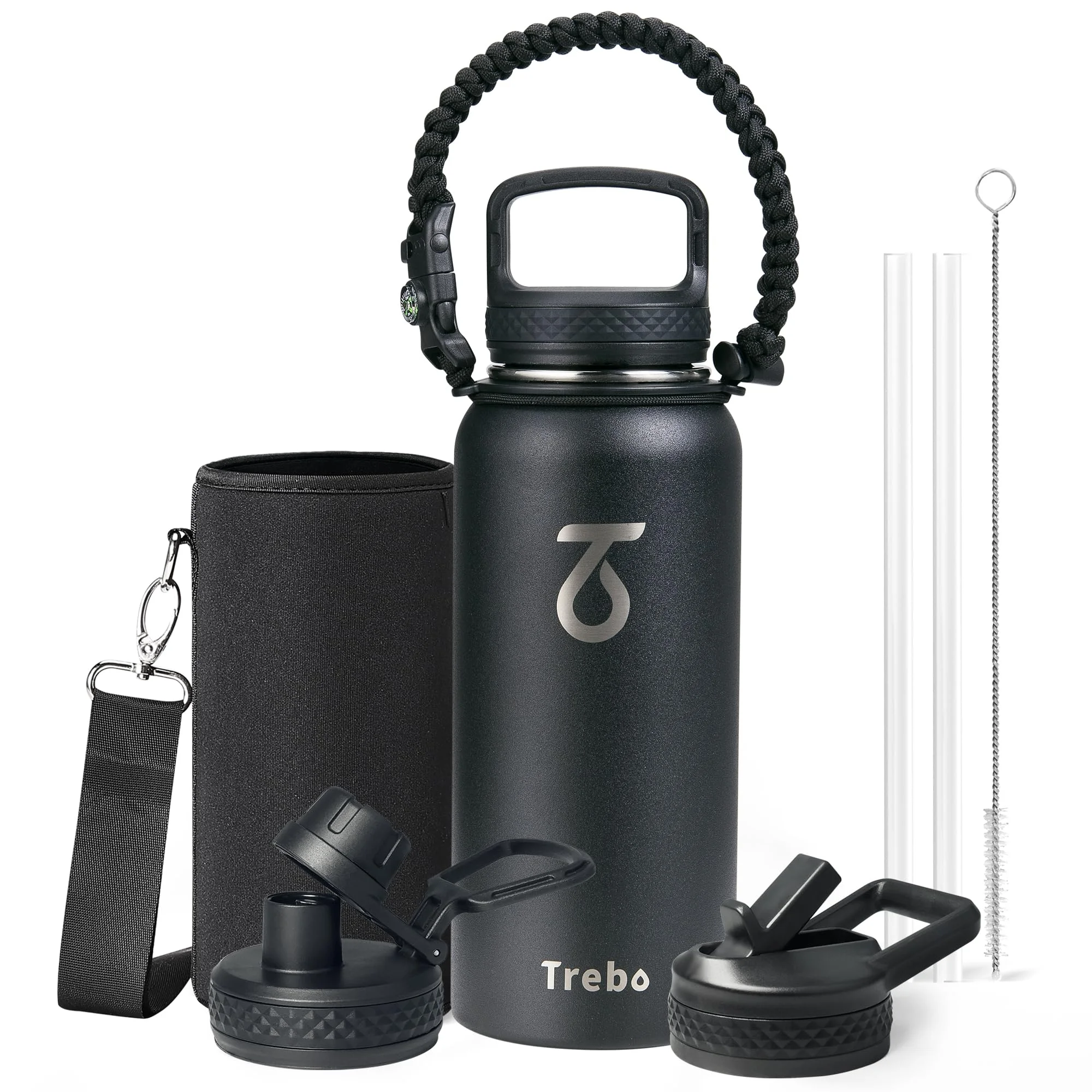 Trebo 1l Wasserflasche isoliert mit Deckel und Strohhalm, doppelwandig vakuumierte Edelstahl-Metall-Trinkflasche Sportflasche mit Paracord-Griff, hält 24 Stunden heiß & 48 Stunden kalt Wasserbecher