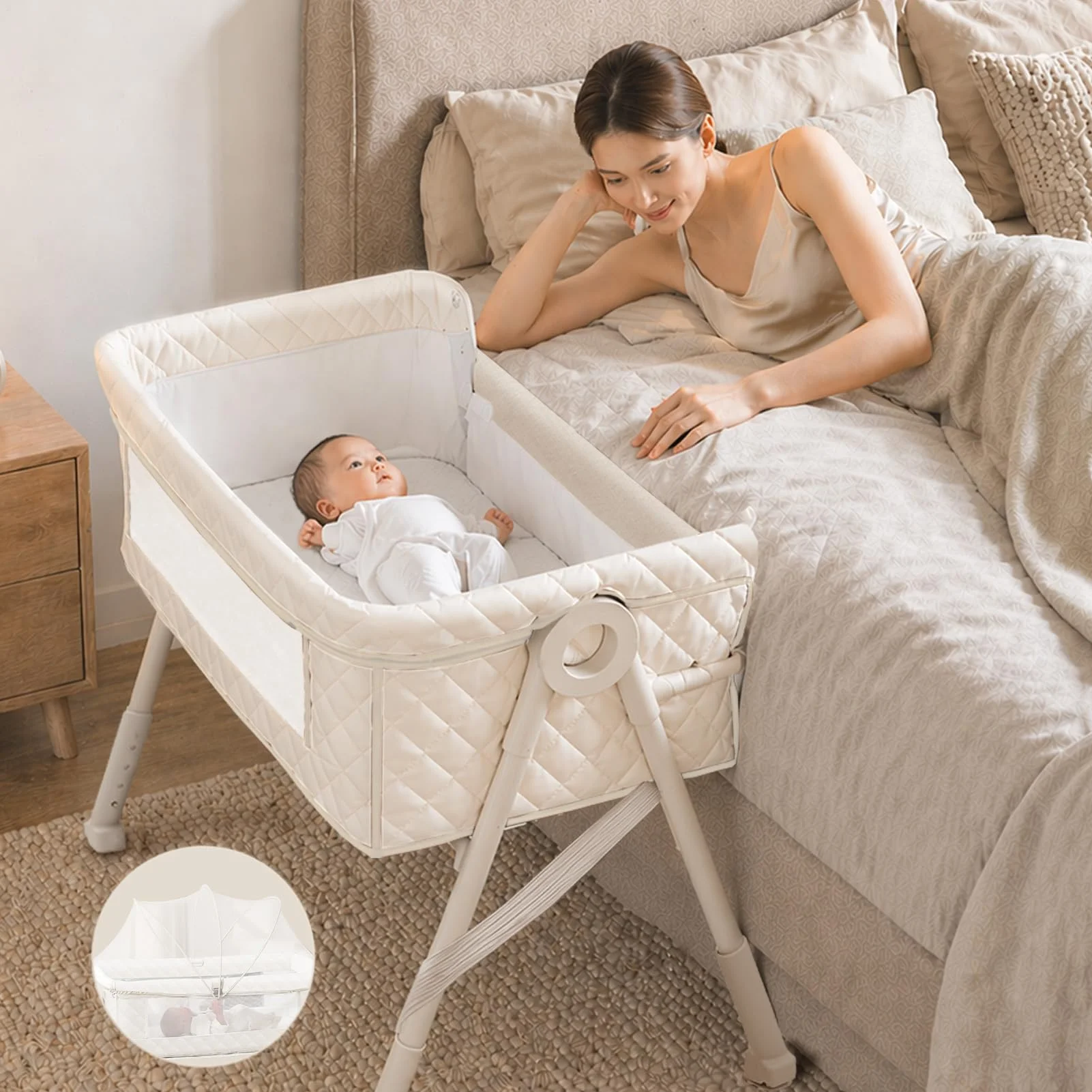 Youluzhen Beistellbett Baby, 3-in-1 Beistellbett, Babybett für Neugeborene mit atmungsaktivem Netz, höhenverstellbar & neigbar, inkl. Matratze, für Zuhause & unterwegs, Weiß | 4 Auto-Lock Räder, 3 Höhenstufen, Klappbar & tragbar, Weiche Matratze inkl, Sicherheitsgurt inkl