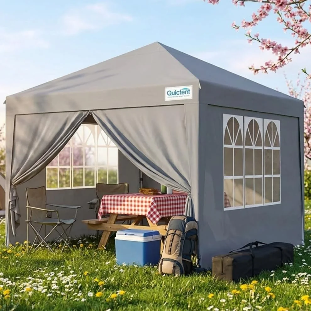 Quictent Pavillon 3x3m Faltpavillon mit 4 Seitenteilen, Wasserdicht Gartenpavillon mit 4 Sandsäcken & Rolltasche,Partyzelt Gartenzelt für Fest und Flohmarkt,Grau