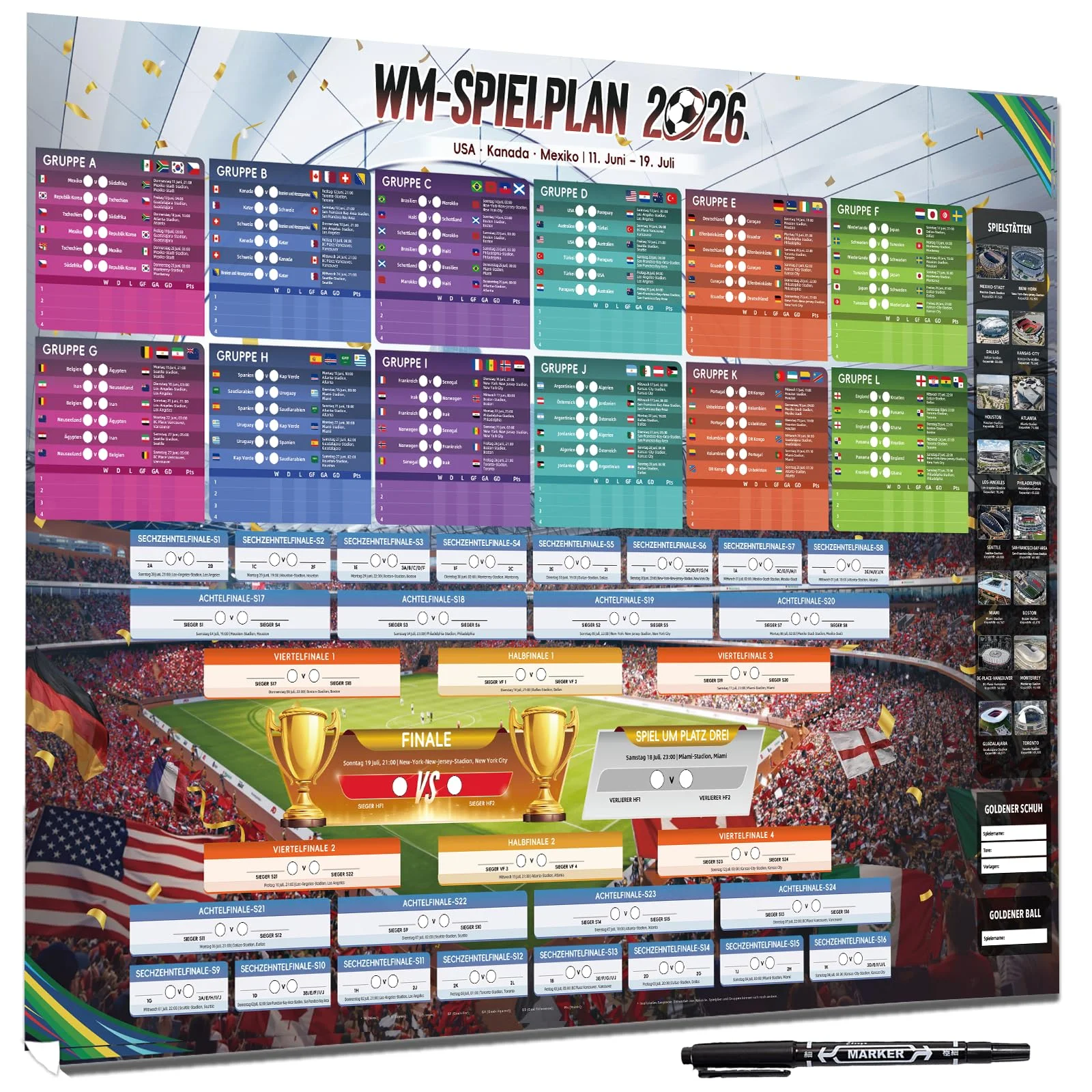 AhfuLife Fußball Spielplan 2026 Poster für Deko WM - Groß Fussball Planer 100 x 70cm - Enthält 48 Mannschaften Gruppen Knockout und Finale alle Ergebnisse der Spiele (Deutsch, CEST)