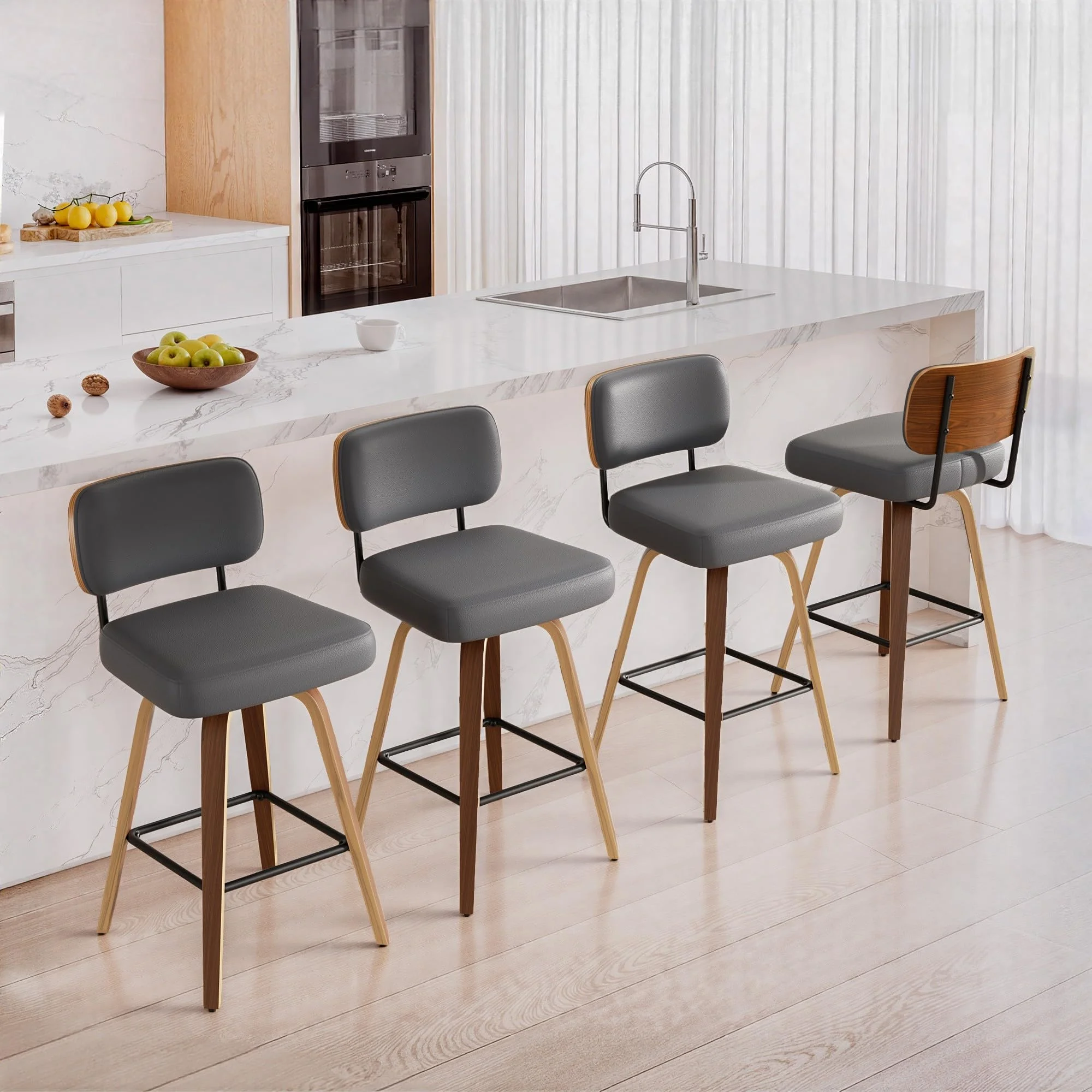 YUUIJOAA Drehbarer Barhocker 4er Set mit Rückenlehne, 65cm Sitzhöhe PU-Leder & Massivholz, Mid-Century-Design mit 4 Beinen und Fußstütze, Barstühle für Küche und Bar in Dunkelgrau