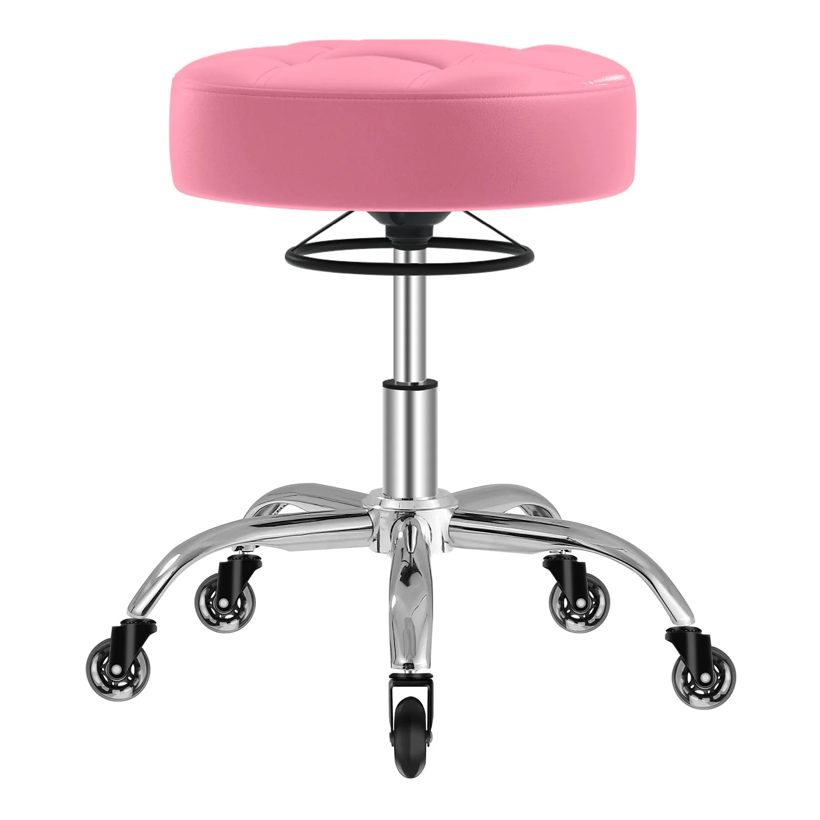 OUTMASTER Rollhocker，Hocker höhenverstellbar mit ringheber，Dicker Schaumstoff für weichen Komfort，Stuhl mit Rollen 360°，Arbeitshocker bis 180 kg belastbar， Drehhocker für Salon Spa und Haushalt(Rosa)