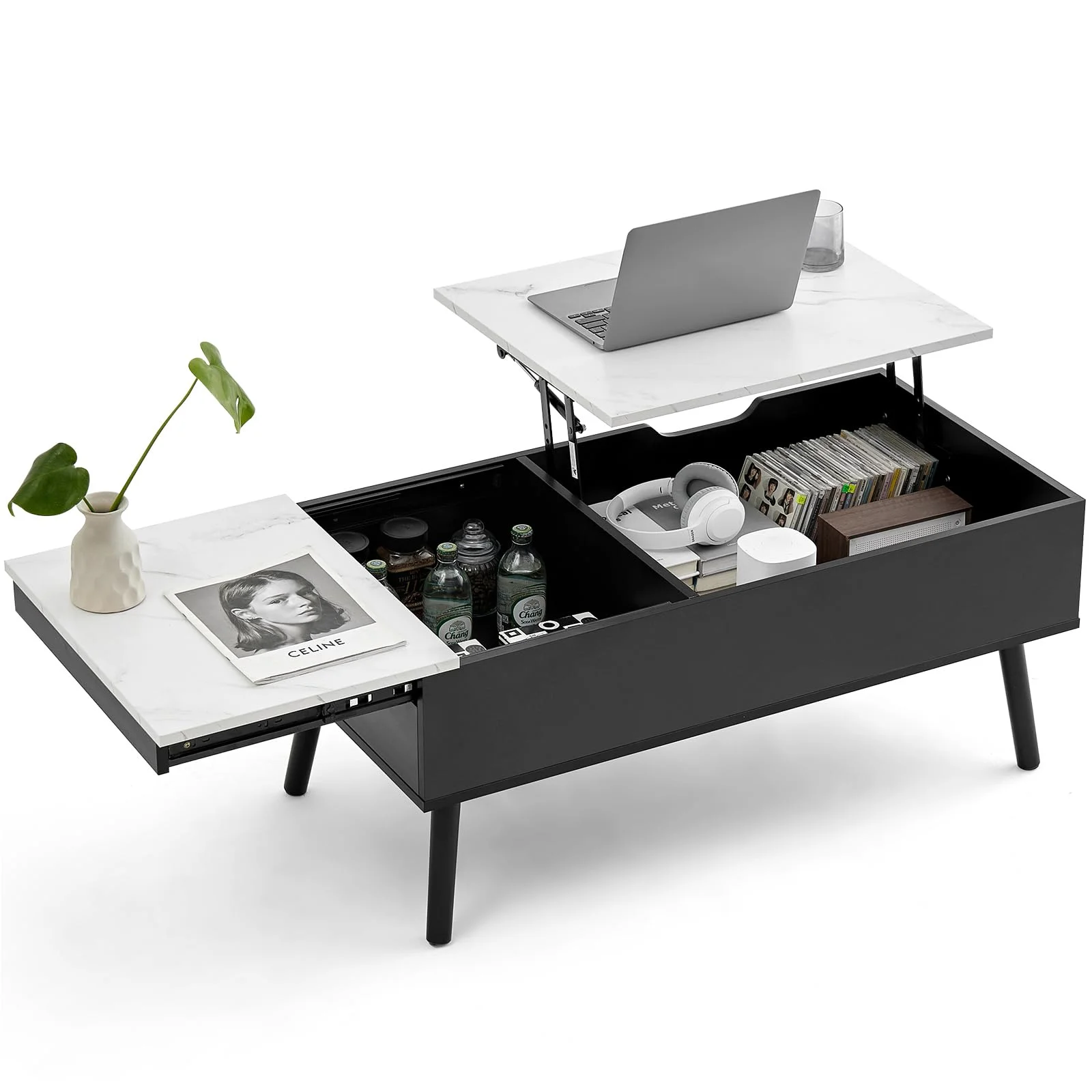 JanflyHome Couchtisch Höhenverstellbar, Couchtisch mit Stauraum, Separates Verstecktes Ablagefach, Modern Kaffeetisch & Beistelltisch, Wohnzimmertisch für Wohnzimmer, Büro, 100 x 50 x 43.5 cm, Schwarz