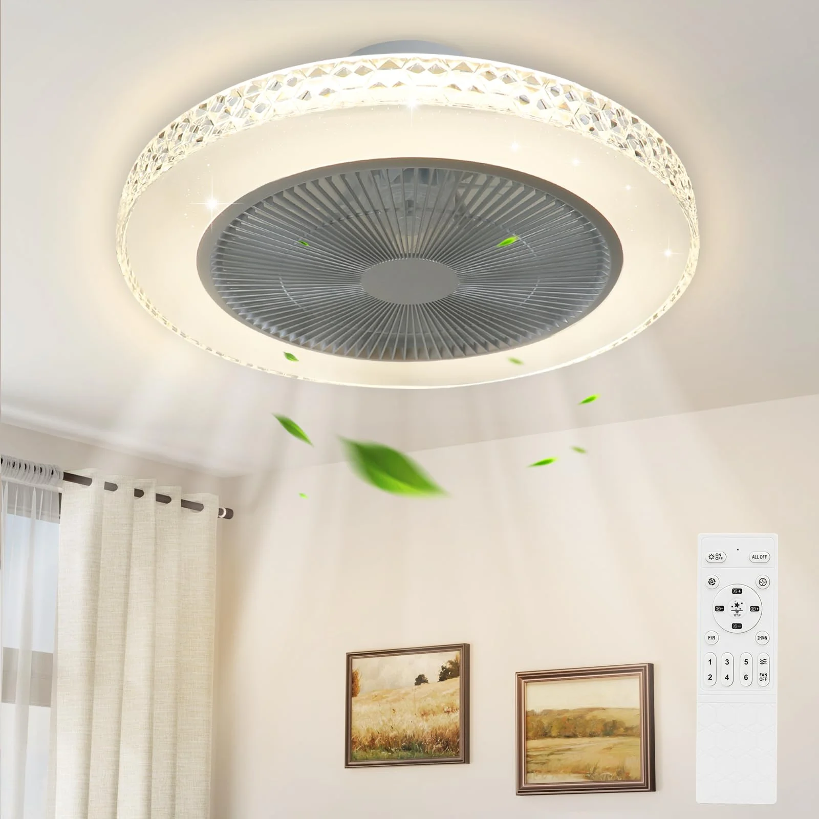 Homefire Deckenventilator Mit Beleuchtung und Fernbedienung Leise - 48.5CM LED Deckenlampe Dimmbar Wohnzimmer Ventilator Timing Deckenleuchte Fan Kristall Sommer-/Winter für Schlafzimmer