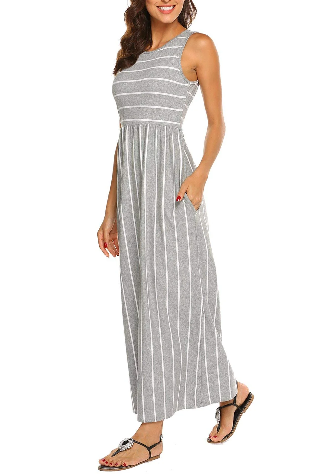 BDTECAOR Maxikleid Damen Sommer Boho Ärmellos Strandkleider Lässige Lange Tank Kleid mit Taschen