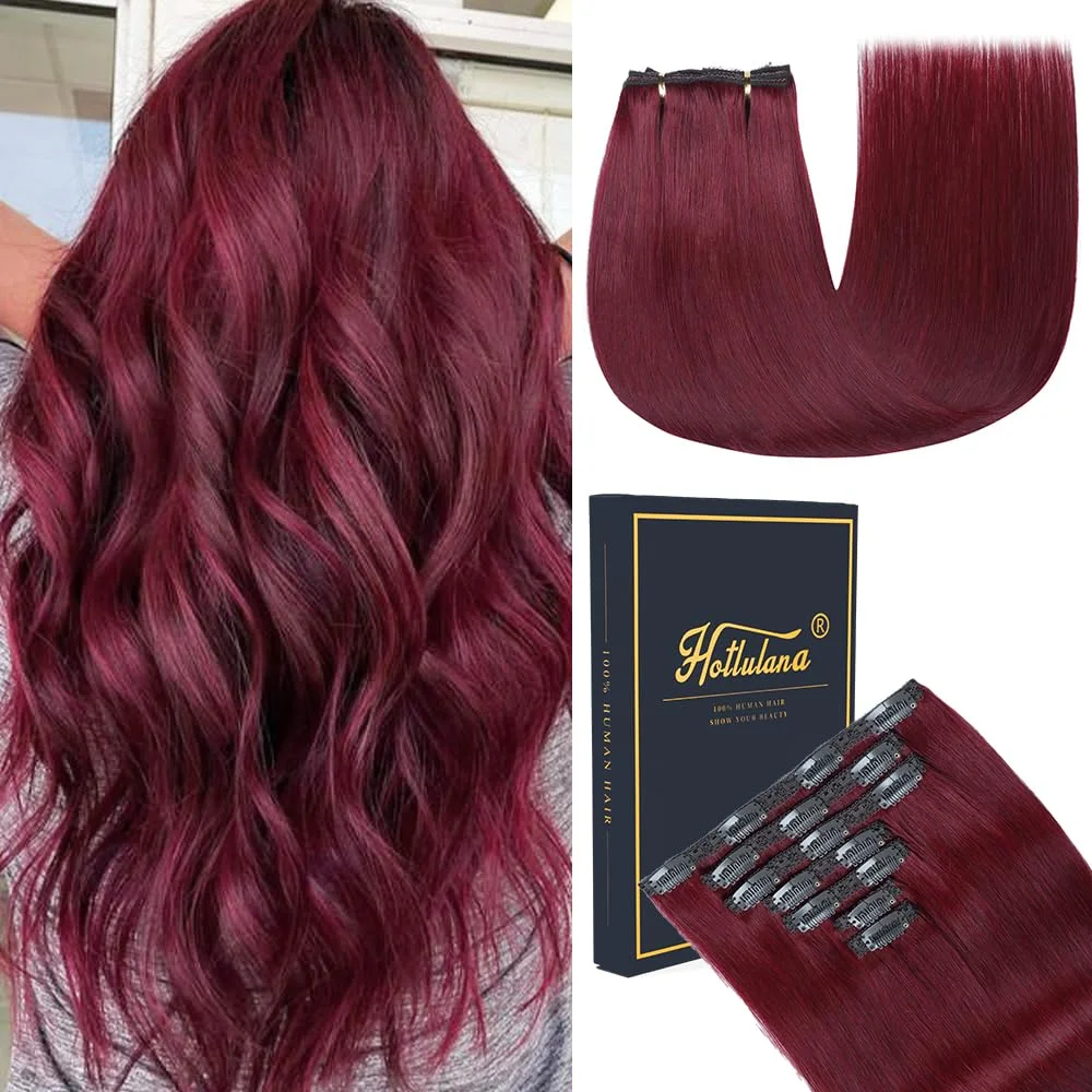 HotLulana Clip in Extensions Echthaar 7pcs 40cm 120g Bordeaux Invisible Remy Natürliche Skin Weft Echthaar Extensions(16Zoll,99J#)