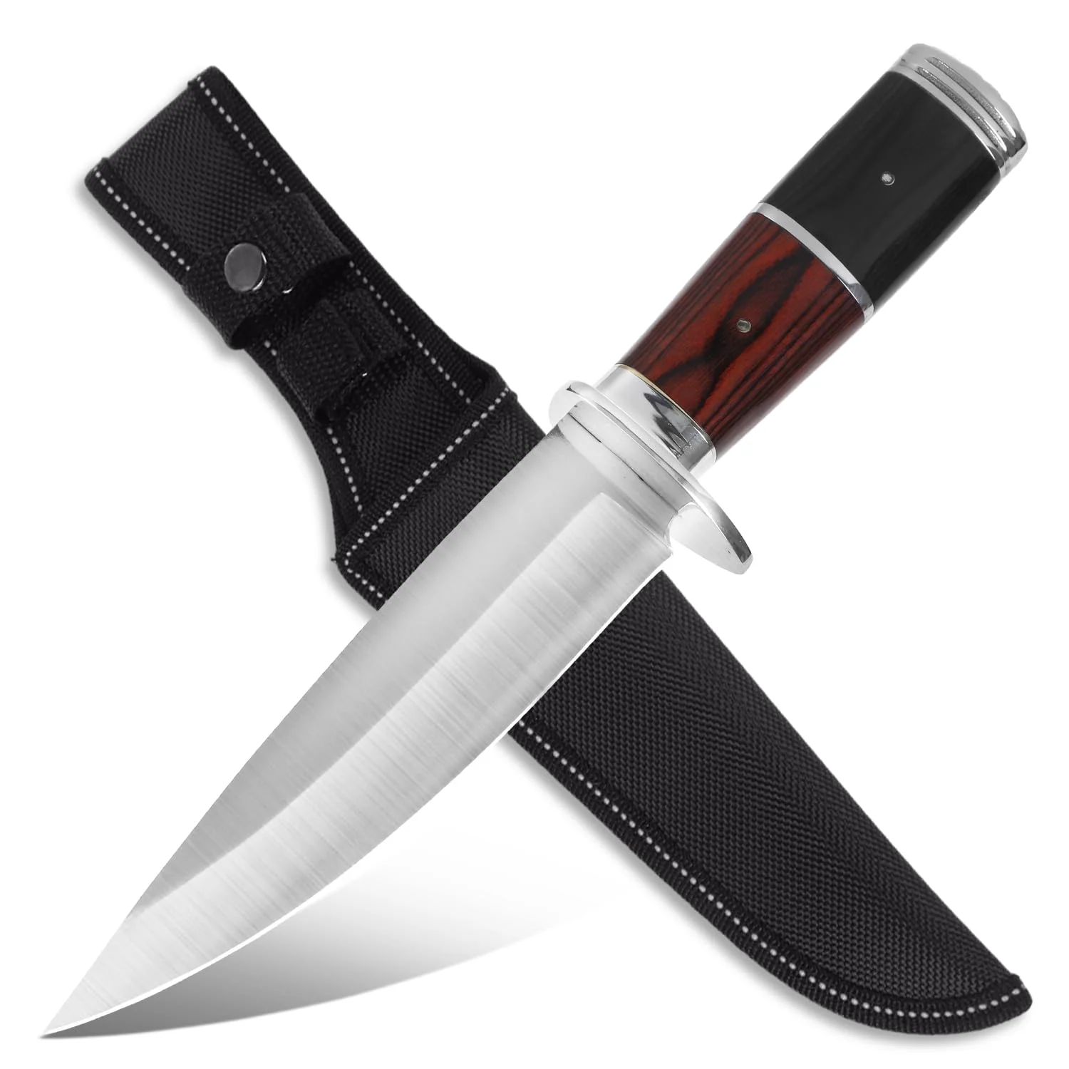 GER-SABER Outdoor Messer 31cm – Breiter Gerade Rücken Klinge, Klassischer Handschutz, Hälftiger Rosenholz-Resin-Griff mit Metalleinlage, Robuster Naturbegleiter
