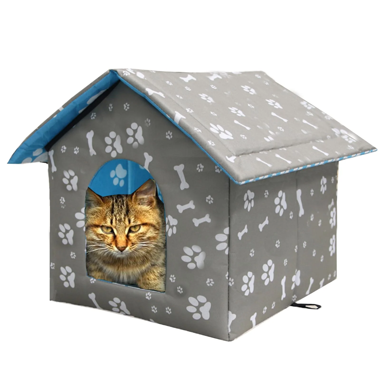 Katzenhaus Outdoor, Katzenhöhle für Draußen, Katzenhaus Für Draußen Winterfest Wasserdicht, Welpenhütte im Freien, Mit abnehmbarem Transparentem Vorhang (S, Grauer Druck)