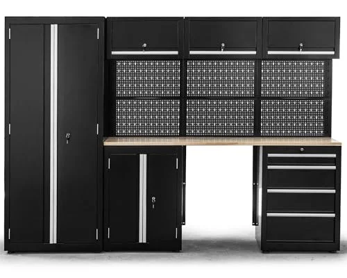 Ondis24 XL Werkstatt Komplett Set 260cm vormontierte Männerküche Werkstattrichtung modular mit Holzarbeitsplatte, Werkzeugschränke, Werkbank mit Schubladen (9 TLG.)