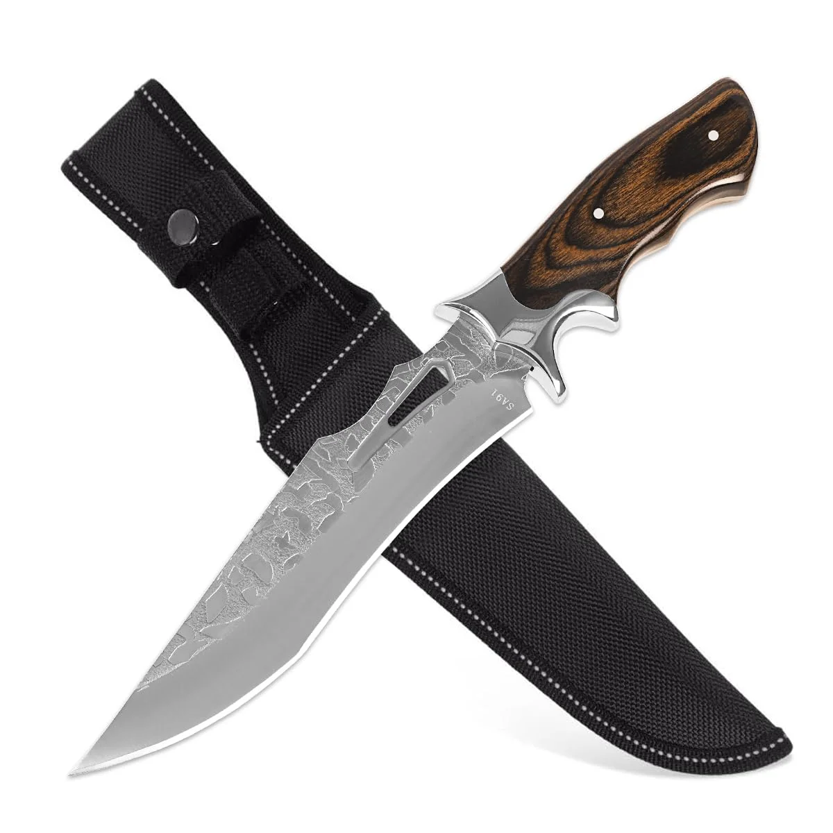 GER-SABER Outdoormesser 31cm – Komposit-Klinge mit geradem Rücken, falscher Schneide und leichter S-Form, Edelstahl-Handschutz, Schwarznussbaum-Griff mit Fingerkerben, Robuster Naturbegleiter