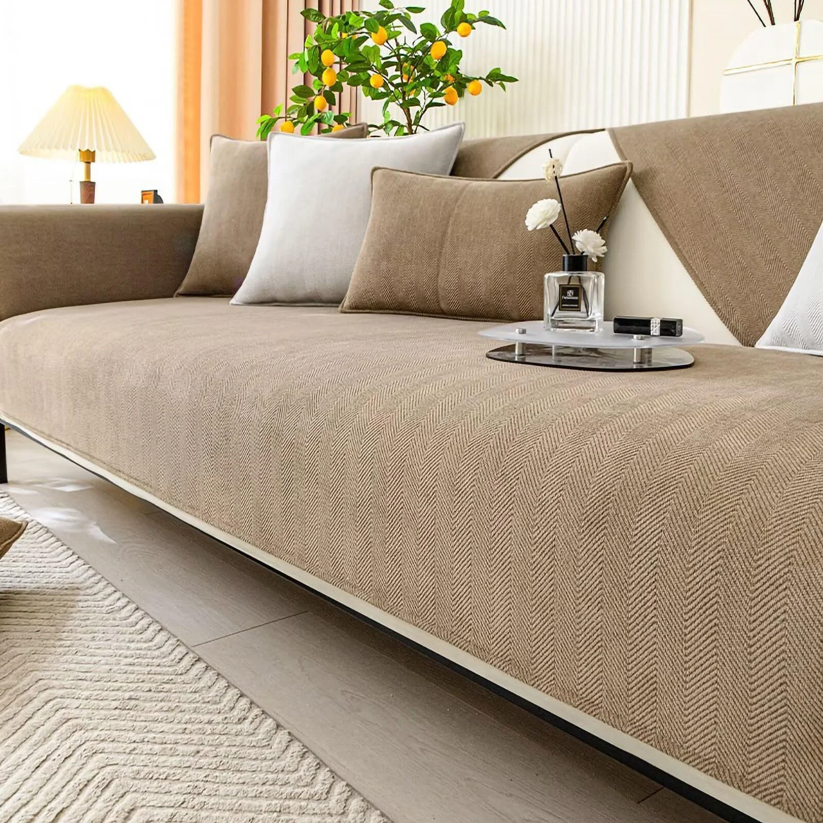 Gluhbirnen Sofa Überwurfdecke, Sofa Überzug, Sofadecken für Sitzfläche rutschfest, Überwurfdecken für Sofa, Fischgrätenstruktur, Hund Katze Sofa Überwurf Sofaschutz, Milchkaffee-Farbe, 70 * 180CM