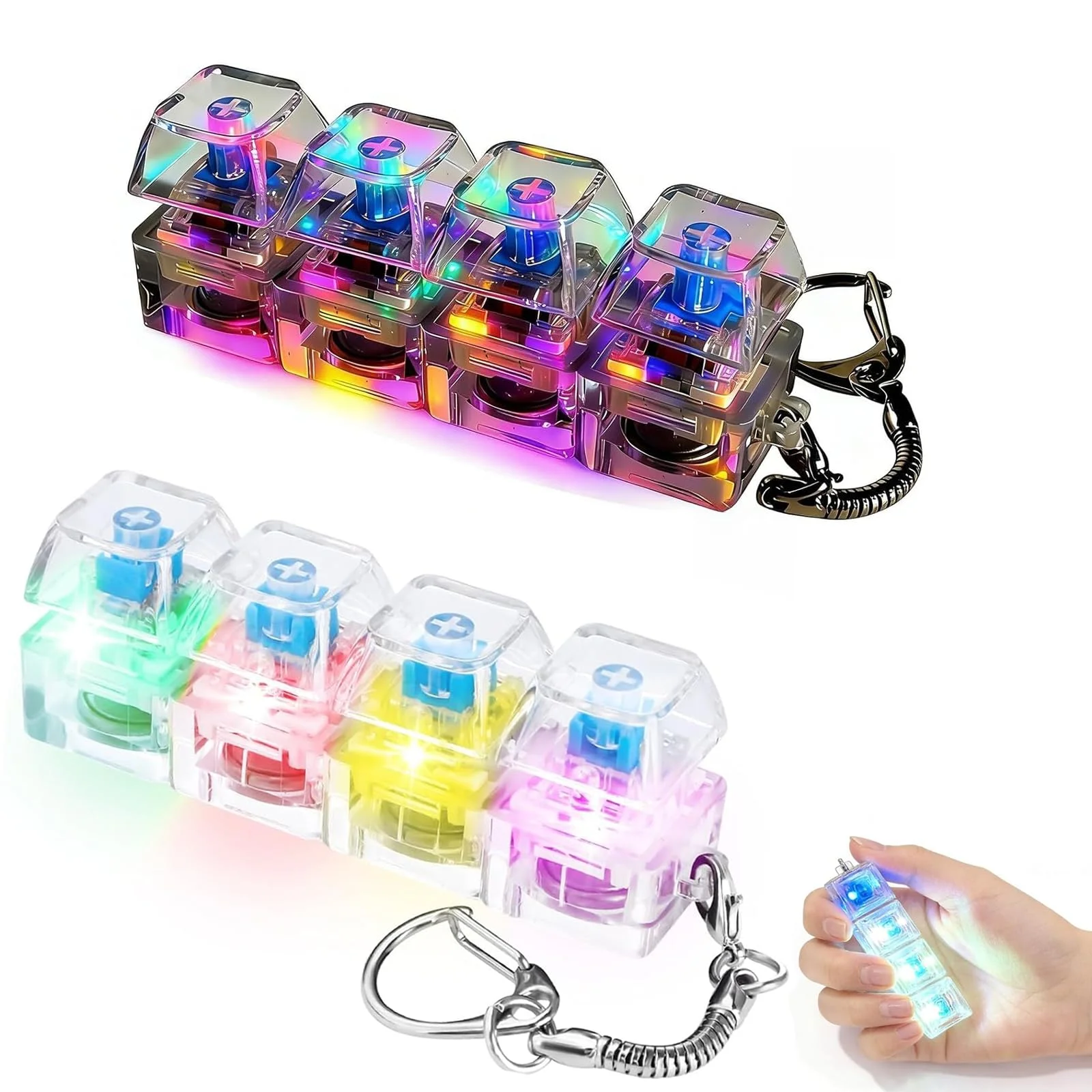 2 Stück Tastatur Fidget Spielzeug mit LED Licht, Fidget Tastatur Schlüsselanhänger Clicker, Transparente Mini Antistress Toys für Stressabbau, Erwachsene & Kinder, Büro Schule Reisen (K)