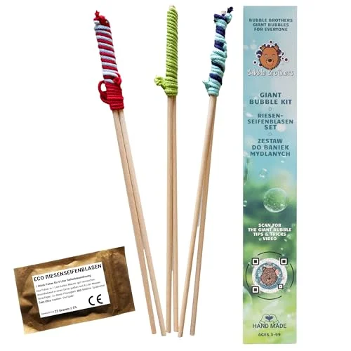 Bubble Brothers Riesenseifenblasen Set 3 Holz Seifenblasenstäbe 3 Stile 50cm lang Seifenblasen-Stab für Grosse Seifenblasen Set für Kinder