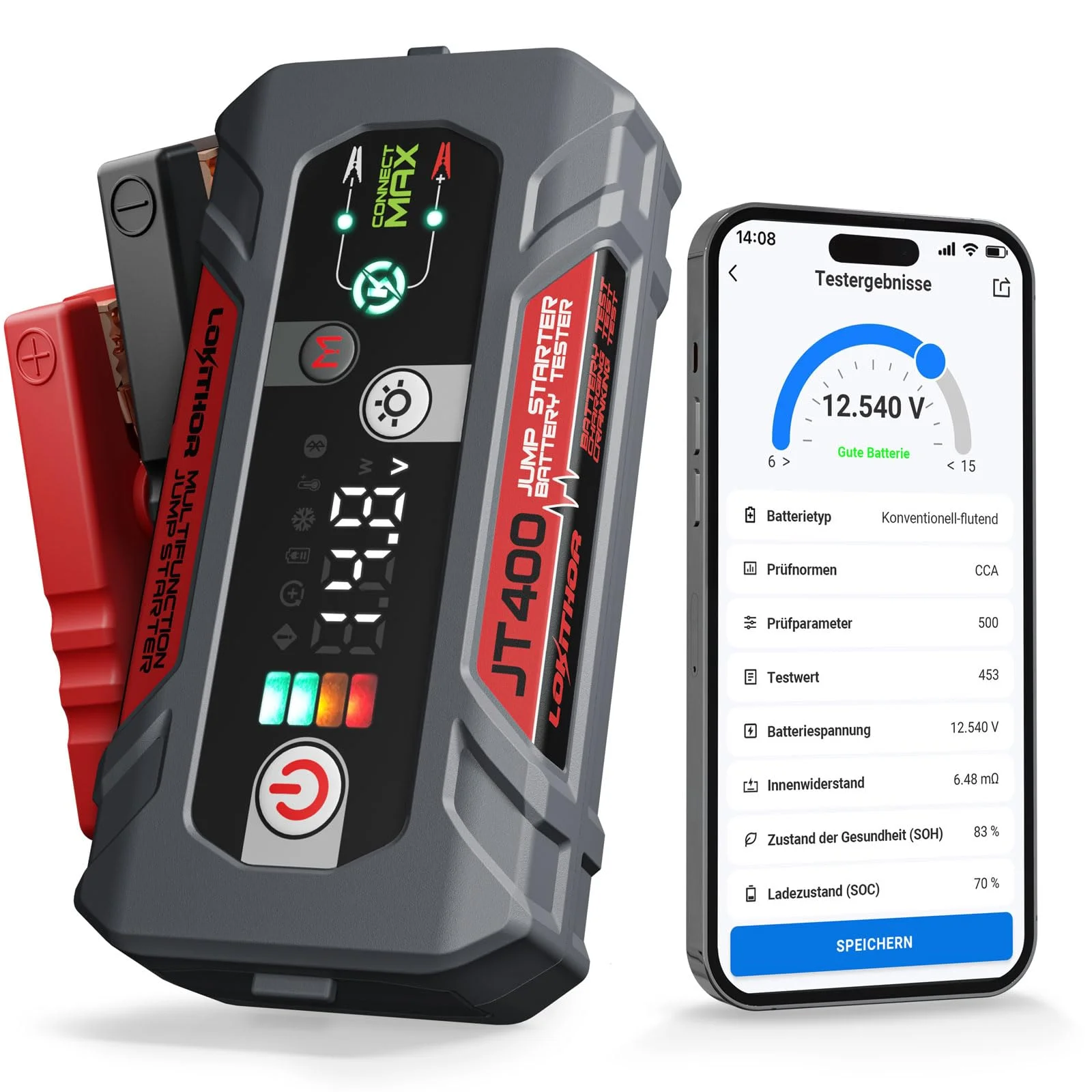 LOKITHOR JT400 Starthilfe & Batterietester, 2500A 12V Starthilfe für bis zu 8,5L Benzin & 6,5L Diesel, tragbar, 2-in-1 Kfz-Batterieprüfer