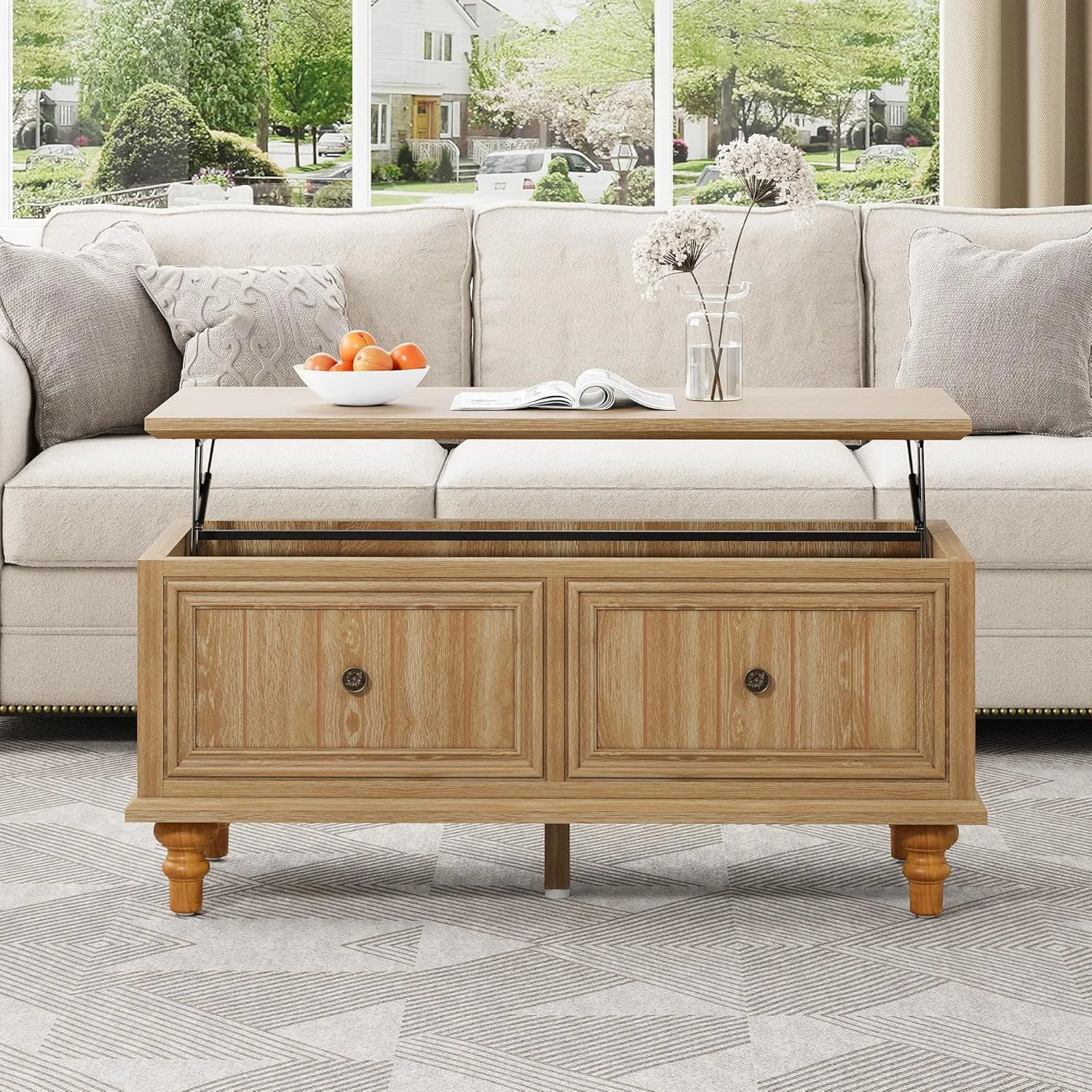 Verstellbarer Couchtisch mit anhebbarer Platte Stauraum Manueller Höhenmechanismus, umwandelbarer Ess-/Arbeitsbereich, rustikales Eichen-Finish, platzsparendes, kompaktes 100cm Design (Holzfarbe)