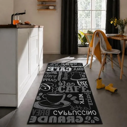 VIMODA Küchenteppich Teppichläufer Coffee Modern Kaffee Design in Braun Beige Teppich für Lounge oder Küche,Maße:80x250 cm