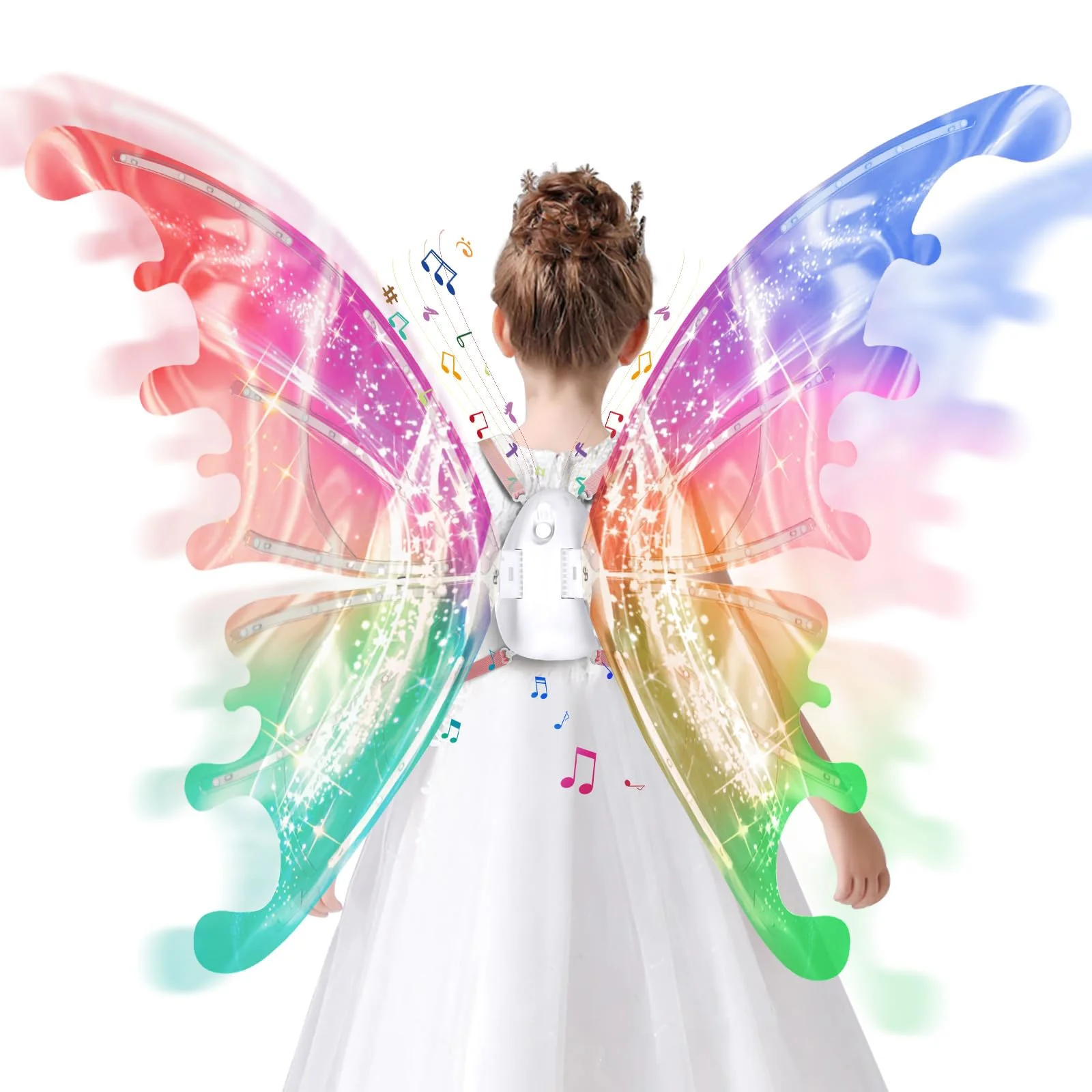 Elektrische Feenflügel mit LED Lichtern-Schmetterling Flügel für Mädchen Frauen mit beweglichen Schmetterlingsflügeln und musikalischen, Feen Kostüm Cosplay, Geschenk für Halloween Geburtstag Fasching