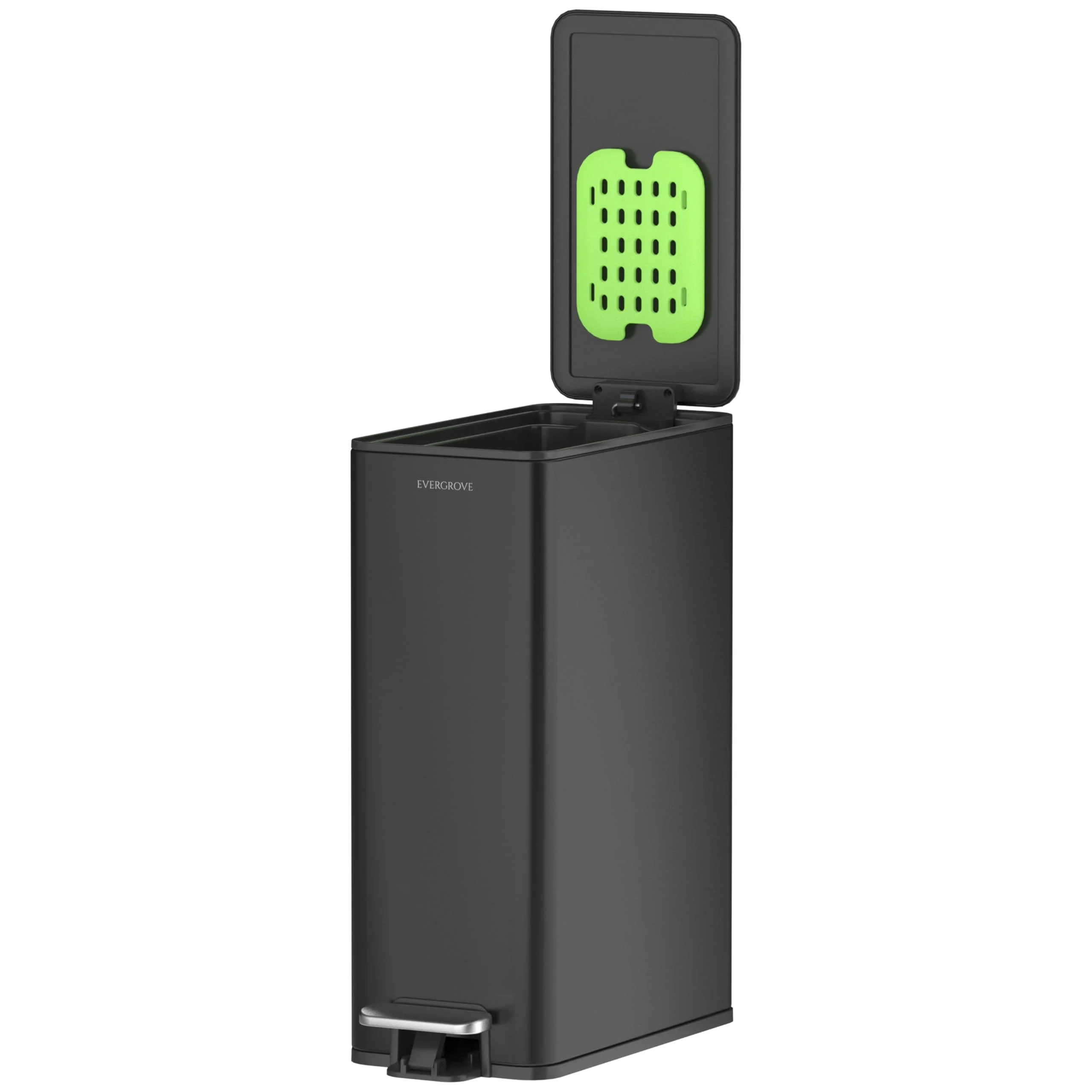 EverGrove 10L schmaler Edelstahl Mülleimer mit Pedal, Soft‑Close Deckel und Geruchsfilter, Slim Badezimmer Treteimer mit herausnehmbarem Inneneimer – platzsparender Abfalleimer