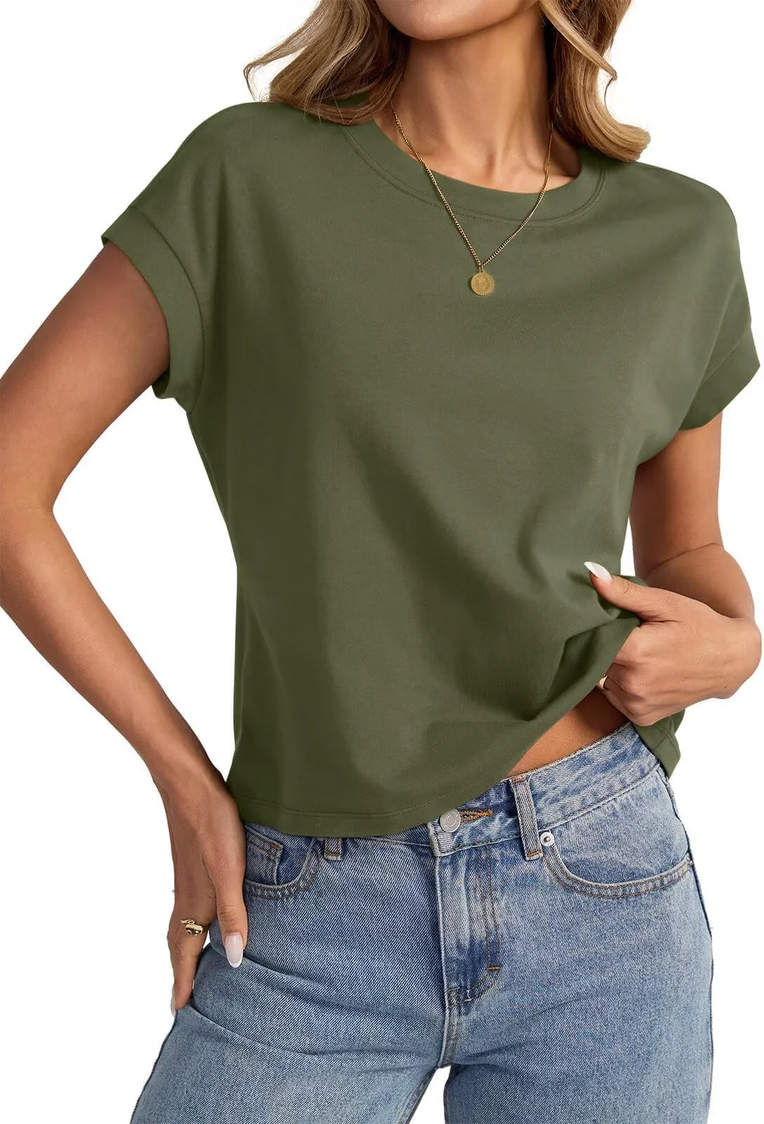 BUNSLOOM Crop Tops Damen Kurzarm T-Shirt Casual Basic Locker Shirt Sommer Kappenärmel Oberteile Rundhals Top