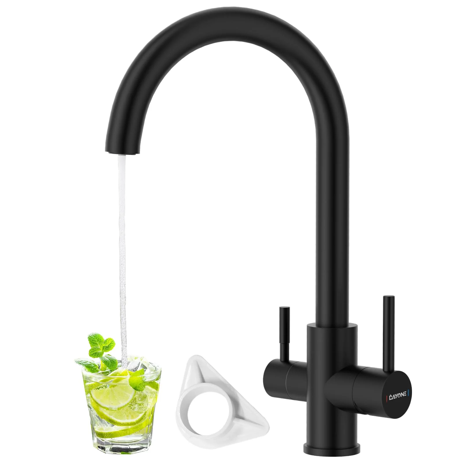 DAYONE Schwarz 3-Wege Wasserhahn für Küche, Trinkwasserhahn mit 2 Hebel, 360° Drehbar Küchenarmatur aus Edelstahl, 3-in-1 Mischbatterie für Wasserfilter