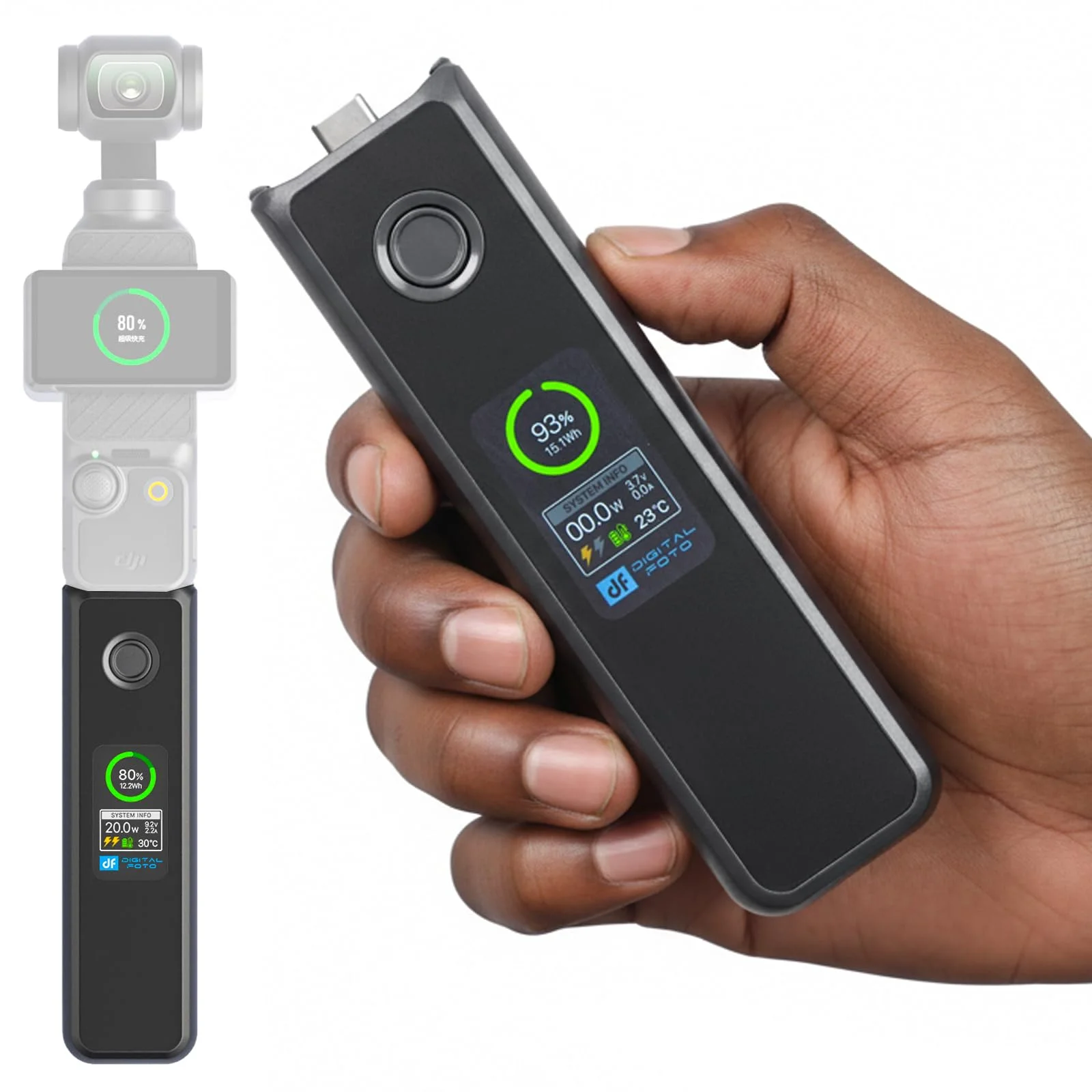 Osmo Pocket 4/3 Akku, 20 W Schnelllade-Batteriegriff-Zubehör, kompatibel mit DJI Pocket 4/3 mit LCD-Vollfarbdisplay, Ladegeschwindigkeit und Batterietemperatur sichtbar, 5000 mAh, Schwarz