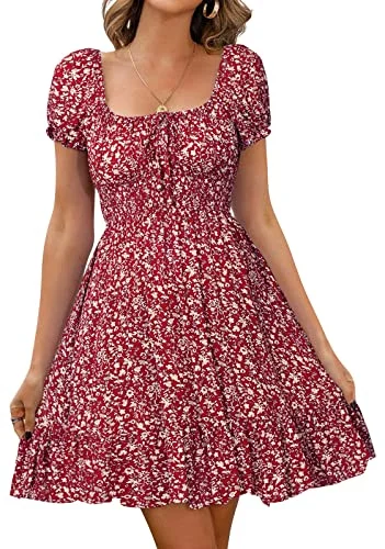Livonmone Damen Kleid Lässig Sommerkleid Blumendruck Hohe Taille Kleider Puff Ärmel Retro Sexy Casual Tunika Beach Minikleid