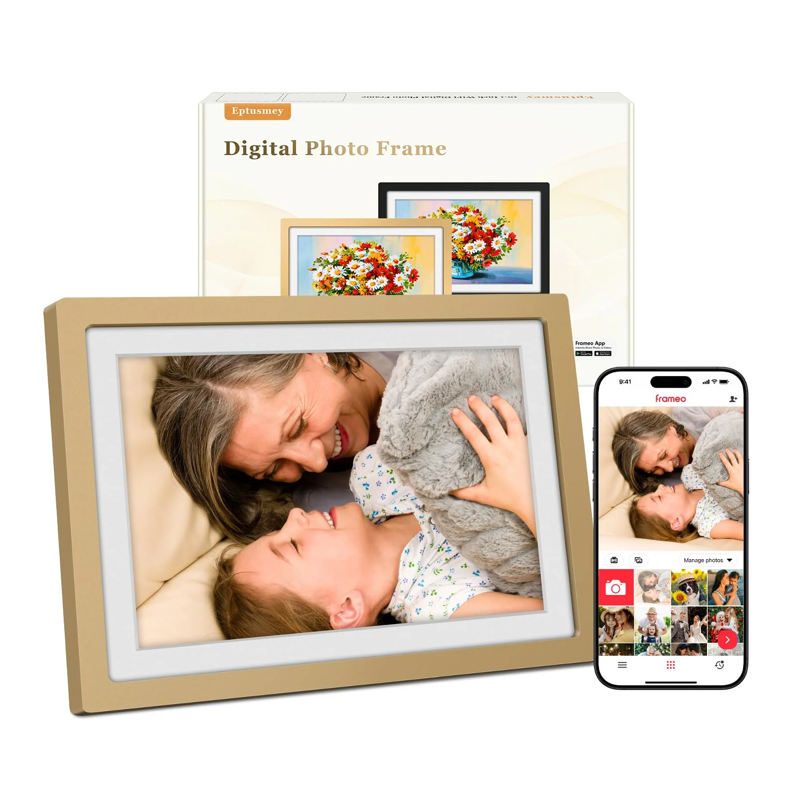 Frameo Digitaler Bilderrahmen WLAN 10.1 Zoll Elektronischer Bilderrahmen mit 32GB, 1280 * 800 HD IPS Touchscreen