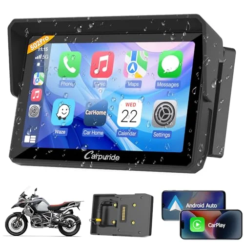 CARPURIDE W502BS Pro für BMW-Motorrad, CarPlay & Android Auto, Dual-Bluetooth, 5 Zoll Wasserdichter GPS-Navigations Bildschirm, Datenablesung, Native Wonder, TPMS, Lichtsensor, Musikfreigabe
