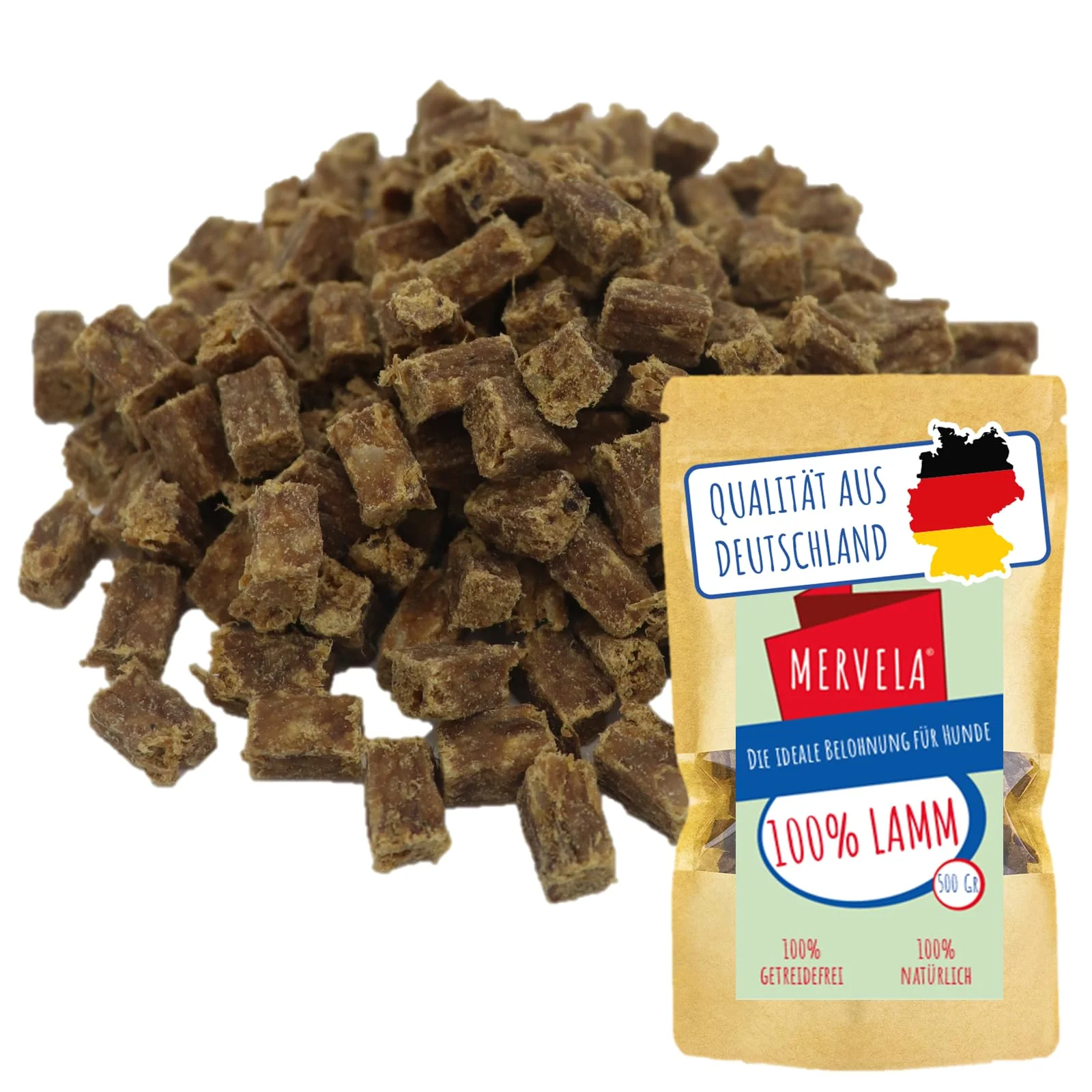 MERVELA® Premium Lamm Kauwürfel für Hunde, 500g - Ideal als Trainingsleckerli | 100% Natürliches Lammfleisch | Hypoallergen für Sensible Hunde | Made in Germany