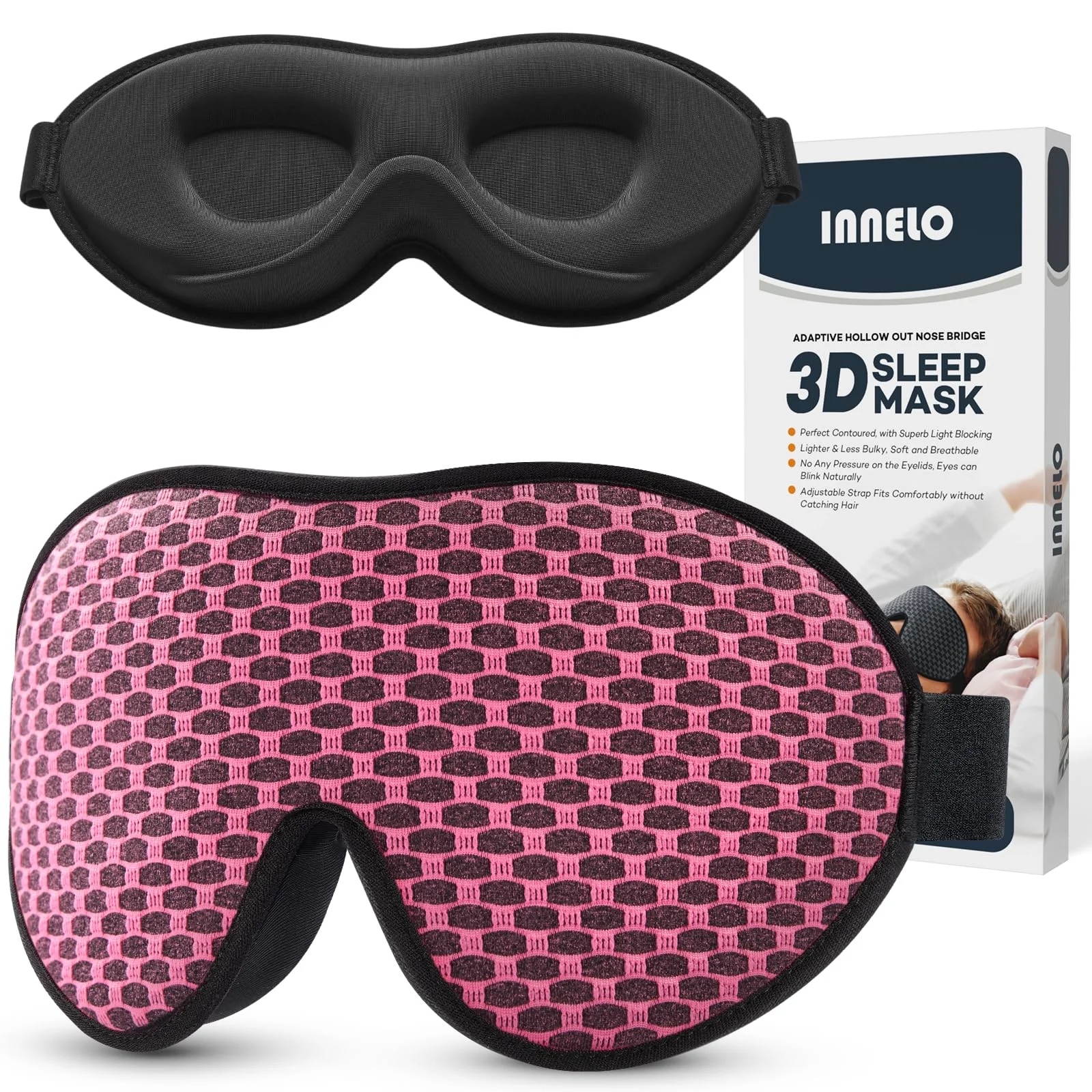 INNELO Schlafmaske für Herren Frauen, 2025 Bequeme Atmungsaktive 3D Augenmaske, mit tiefen Augenhöhlen und erhöhten Nasenpads, 100％ Lichtblockierende Schlafbrille mit Memory Foam für Reisen, Rosa