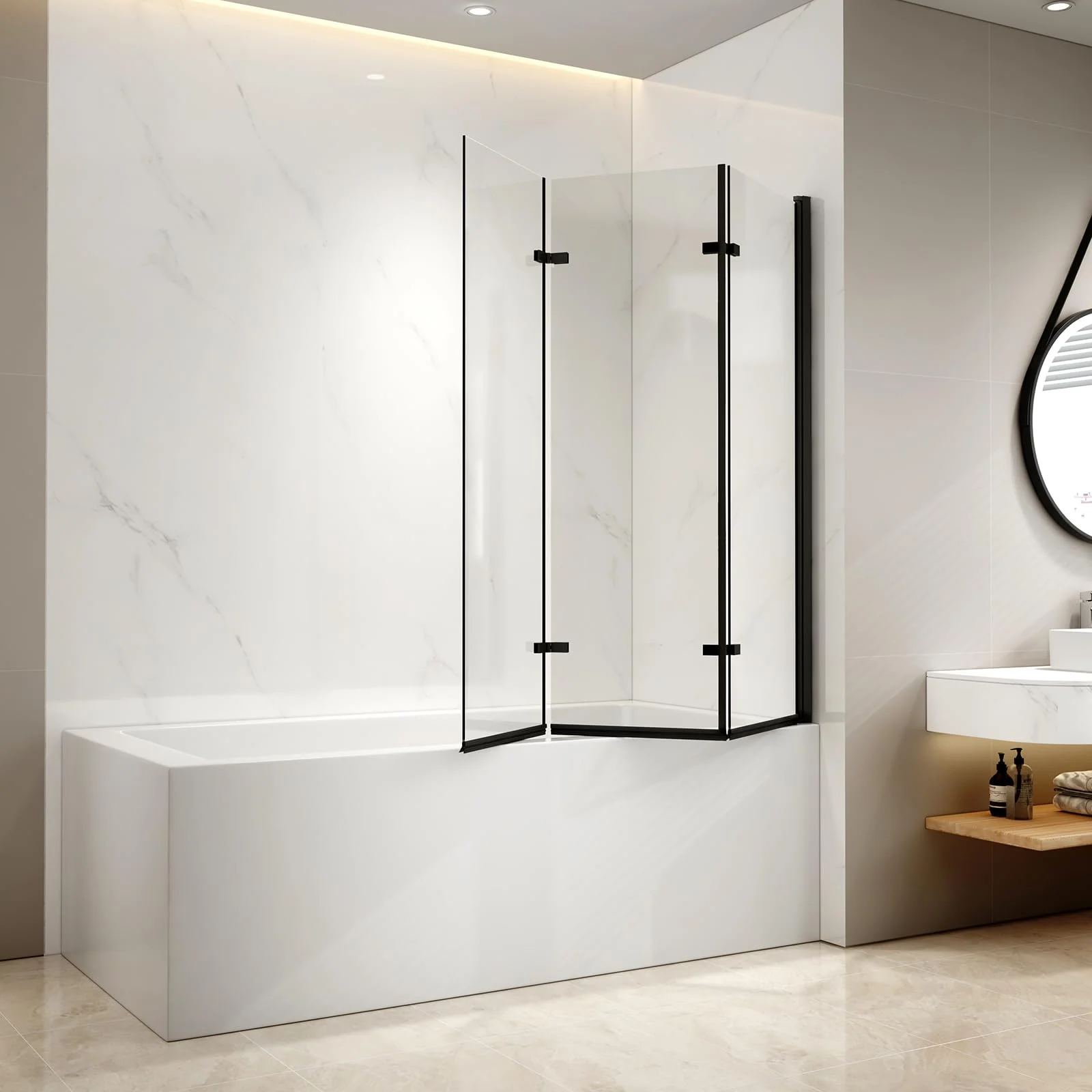 EMKE Duschwand für Badewanne 130x140 cm Schwarz 3-teilig Faltbar Badewannen Duschwand 6 mm ESG Sicherheitsglas Rahmenlose Nano Duschabtrennung Badewannenaufsatz Faltwand Duschtrennwand