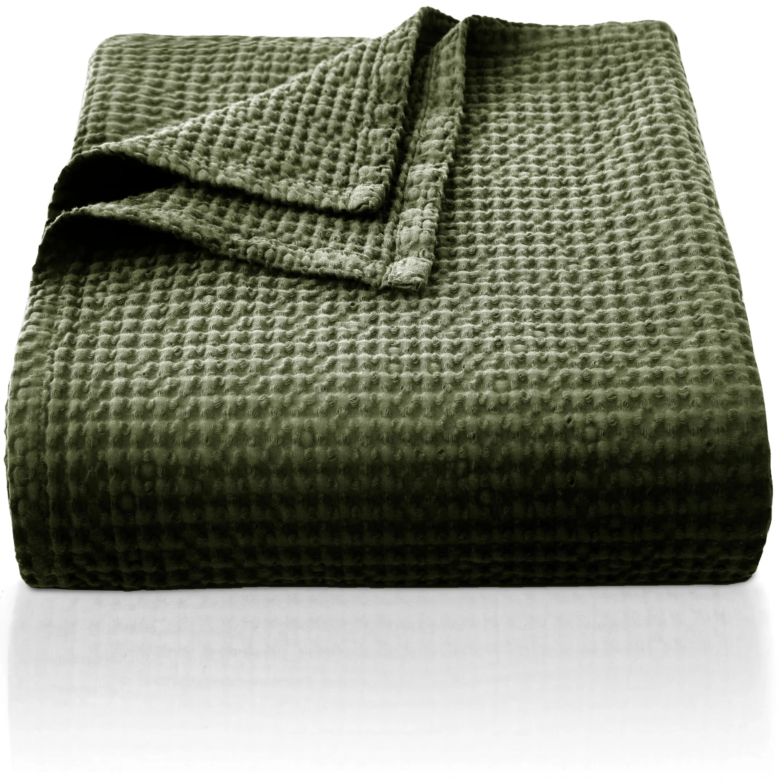CHUFFED 100% Baumwolle Decke 150 x 200 cm, Weiche und Atmungsaktive Tagesdecke, Waffelmuster Leichte Decke als Sofadecke Couchdecke, Weich Kuschelige Wohndecke Wohnzimmer, Sofa Couch Olivgrün