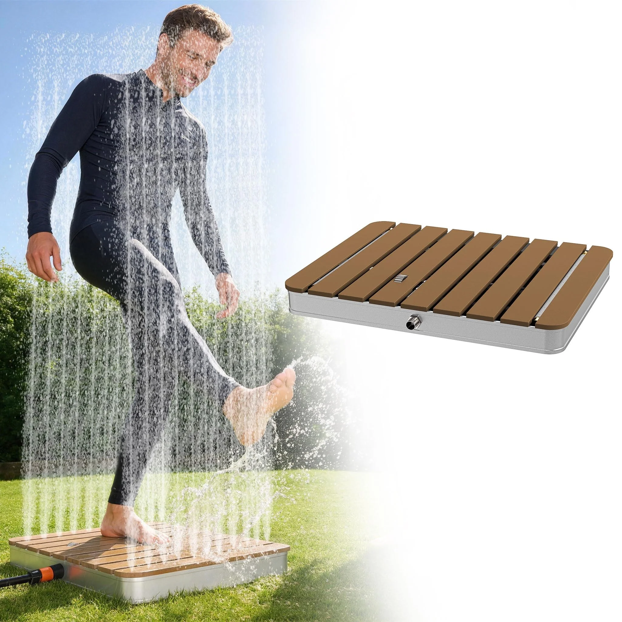 UISEBRT WPC Gartendusche Bodendusche mit Fußrad bis 4 m Fontänenhöhe,rutschfest wetterfest Frost- & UV-Beständig Saunadusche Außendusche für Pool, Camping, Sauna, Hundewäsche