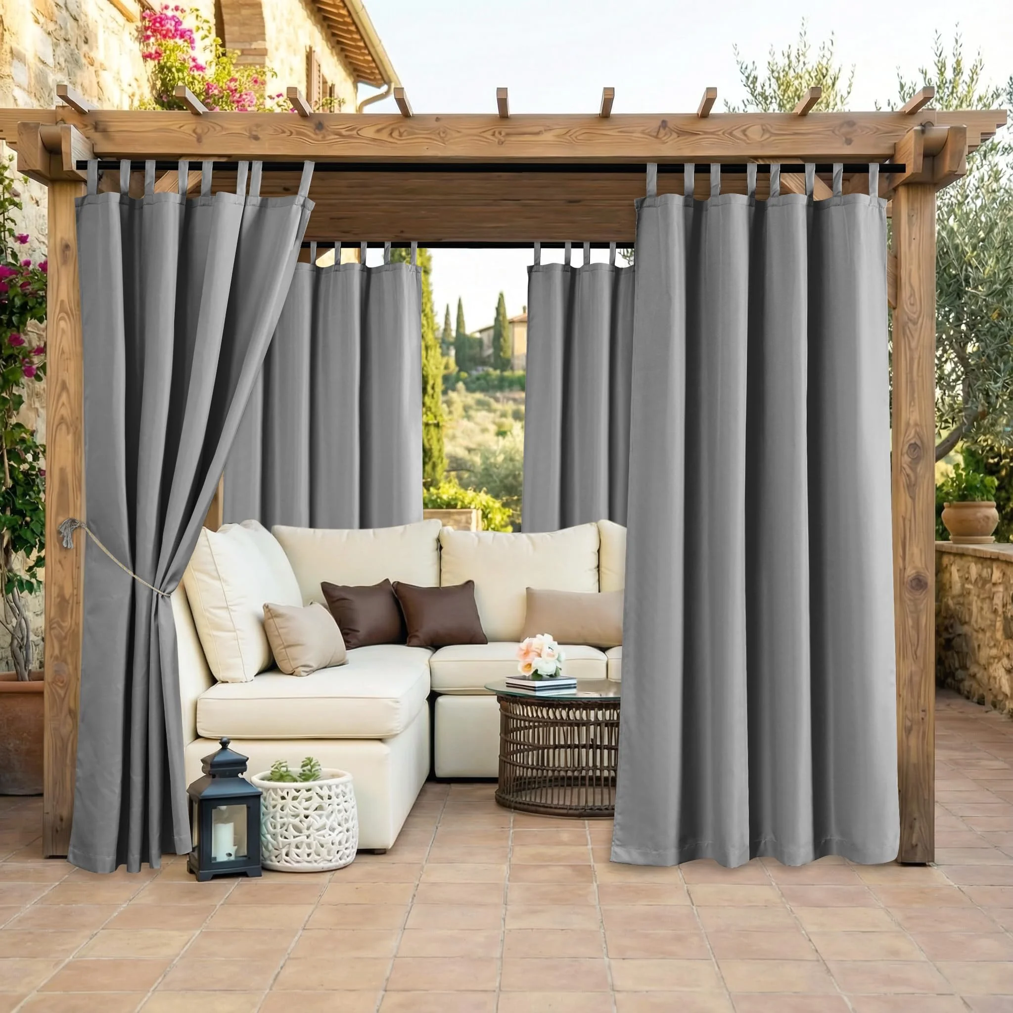Clothink Outdoor Vorhang Wetterfest Klettverschluss, Outdoorvorhänge Wasserdicht Outdoor Gardinen Sonnenschutz Sichtschutz für Balkon Pergola Terrasse Veranda (132x275cm, 1 Stück, Grau)