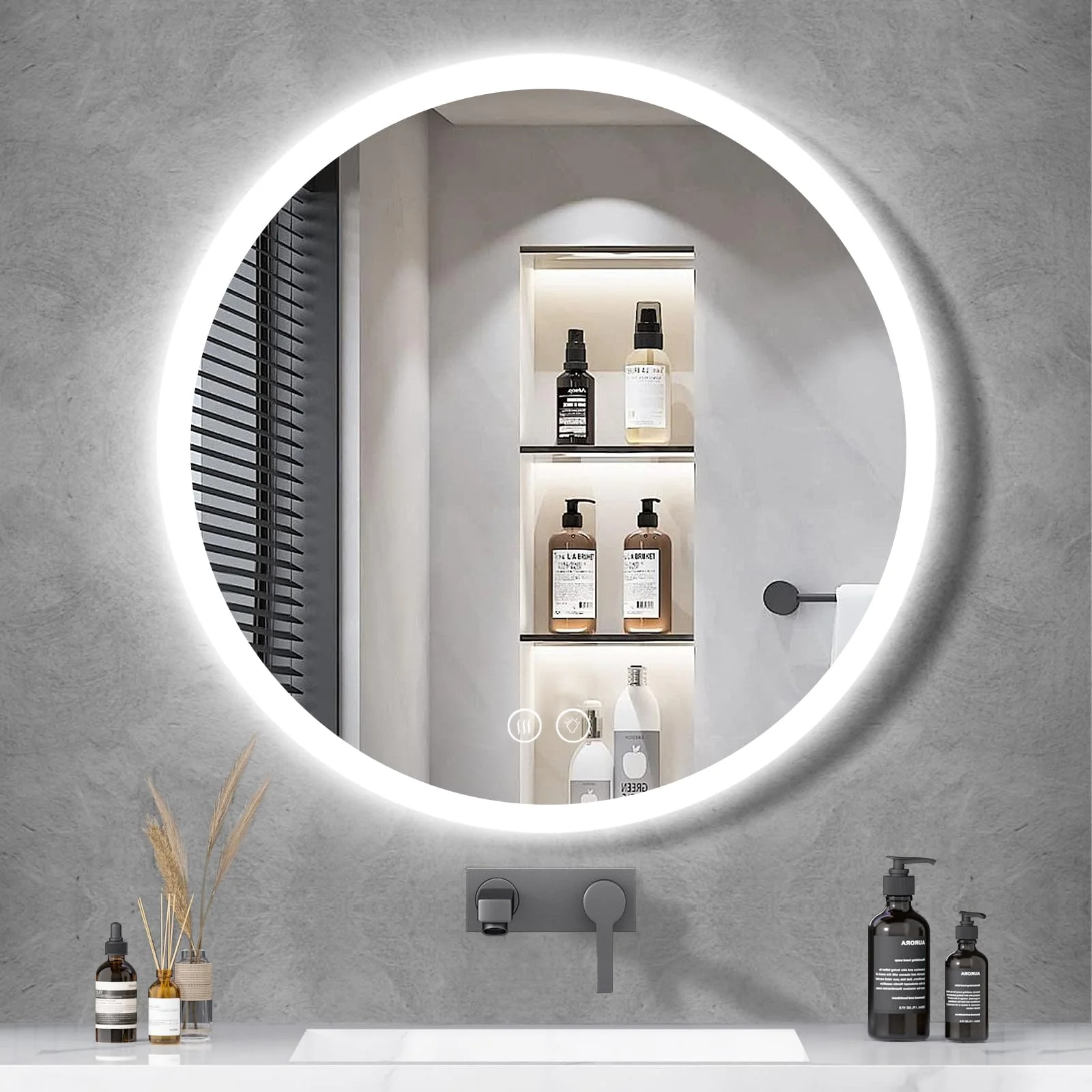 Habison Runder LED Badezimmerspiegel 70cm Bad Wandspiegel Acrylrahmen Lichtkreis Warmweiß/Kaltweiß/Neutral Beschlagfrei mit Touch Schalter 3000K-6000K IP44 Wasserdicht