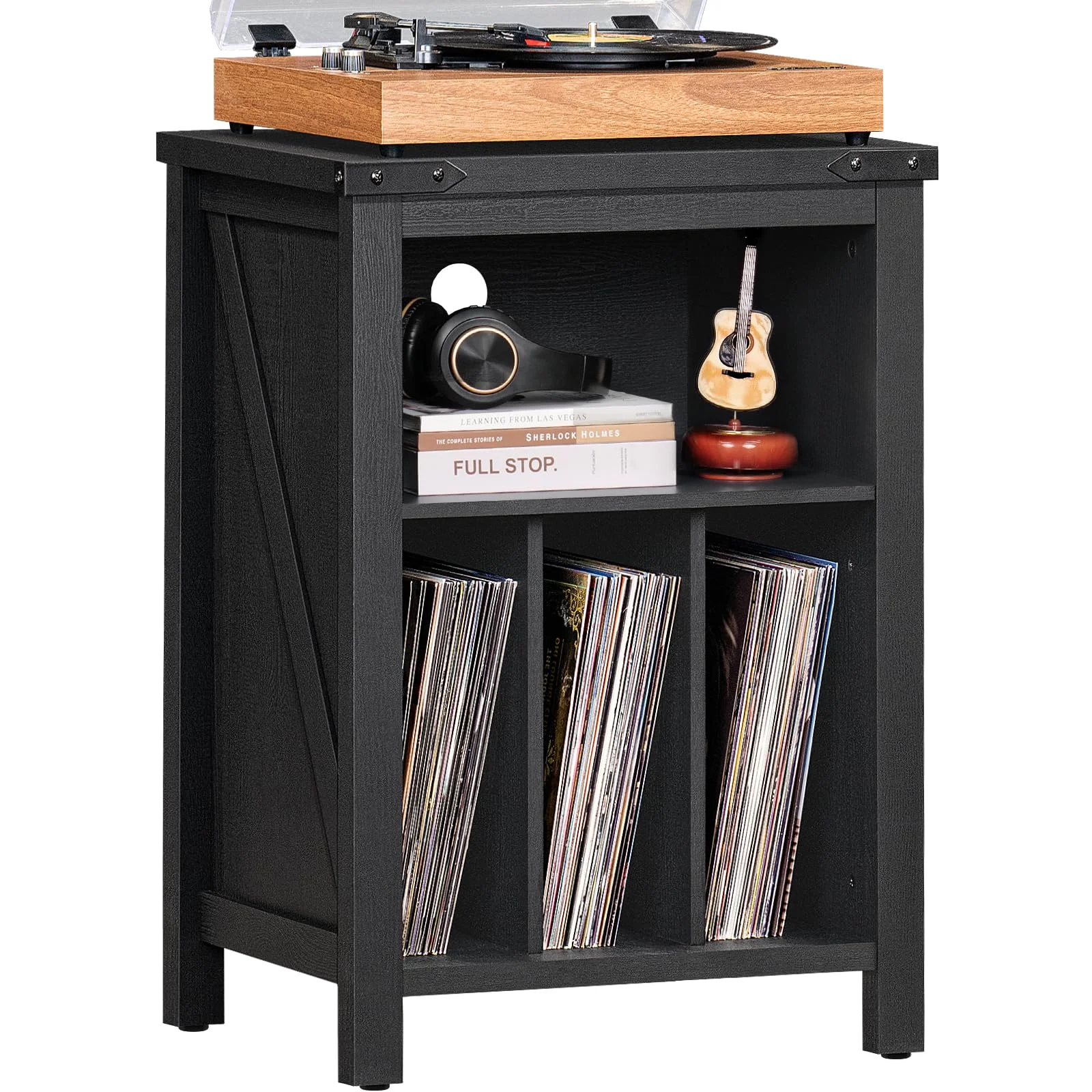 Plattenspieler Ständer mit Vinyl-Plattenständer,Schwarz Plattenspieler Tisch hält bis zu 160 Alben,Großes Holz Plattenspieler Ständer Schrank Dispaly Regal für Wohnzimmer,Schlafzimmer,Büro,