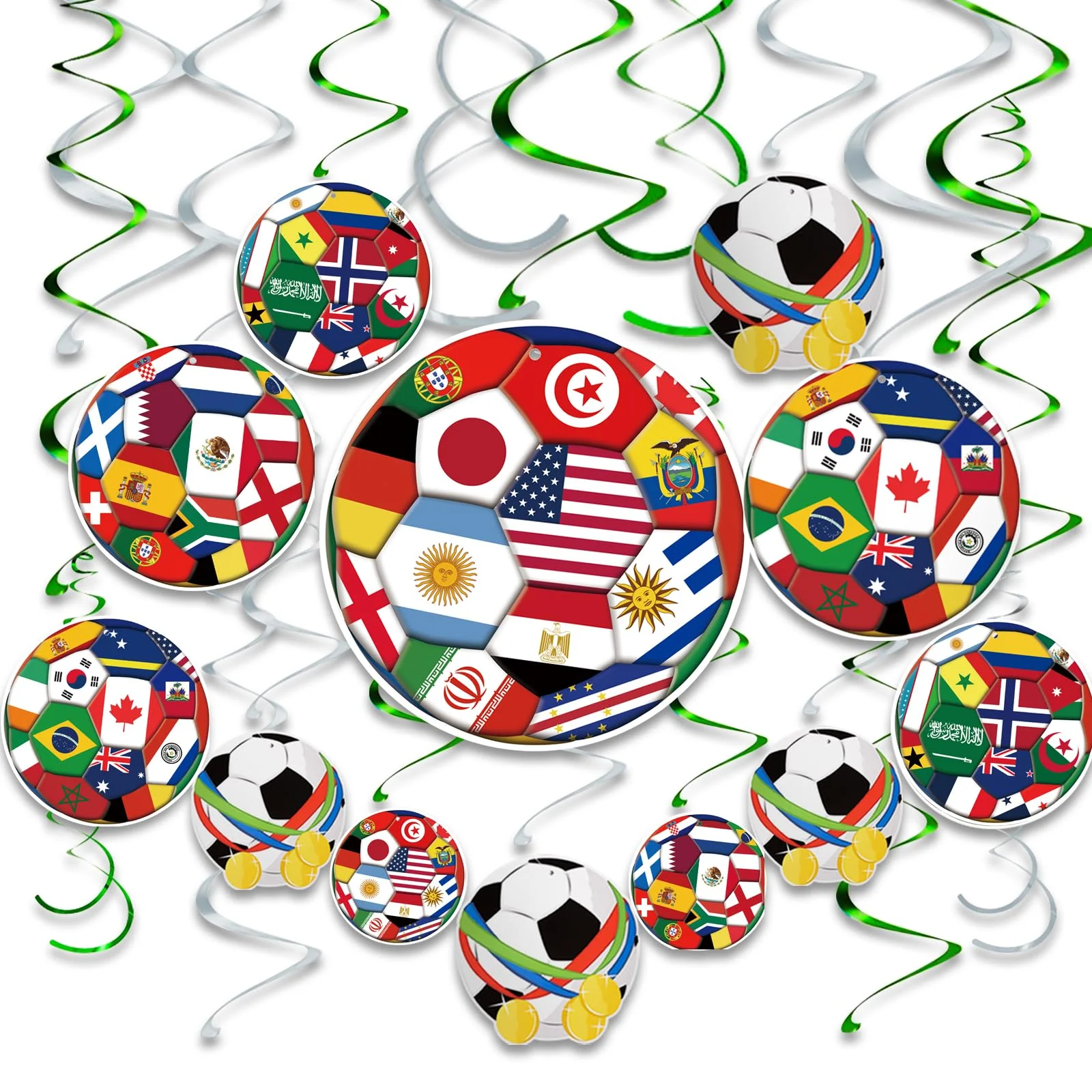 AhfuLife 24 Stück Fußball Hängende Wirbel für WM Deko 2026, Deckenhänger Spiral Fußball Flagge Spiral Maximale Höhe Beträgt 100 cm für Fußball Weltmeisterschaft Fans Fussball Geburtstag Partyzubehör