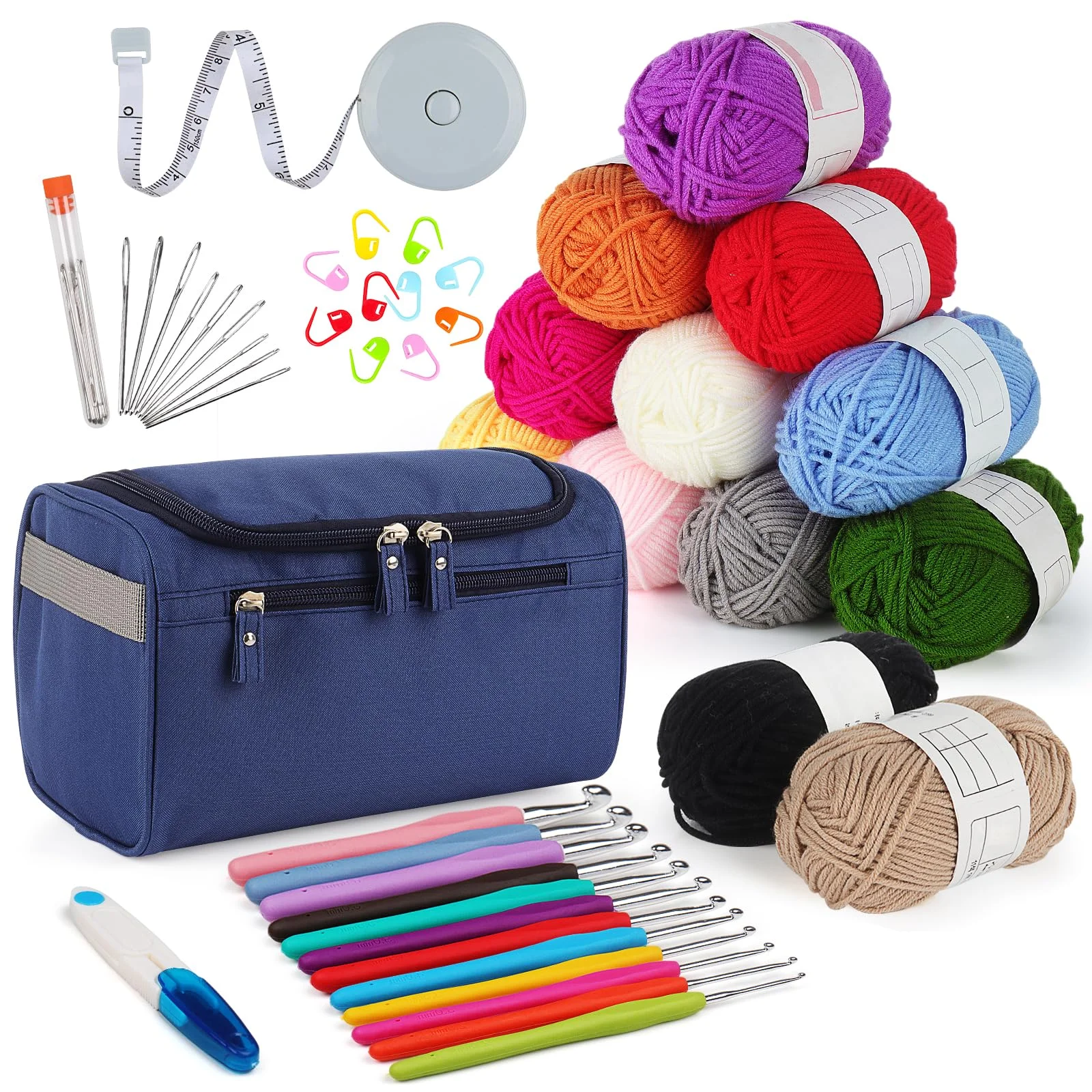 Aeelike Häkelset mit Häkelgarn in 12 Farben, Nützliches Starter Häkeln für Anfänger, Kinder, Erwachsene, 2,0-8,0 mm Ergonomische Weicher Griff Häkelnadeln Set, Marineblau Häkeltasche, Zubehör