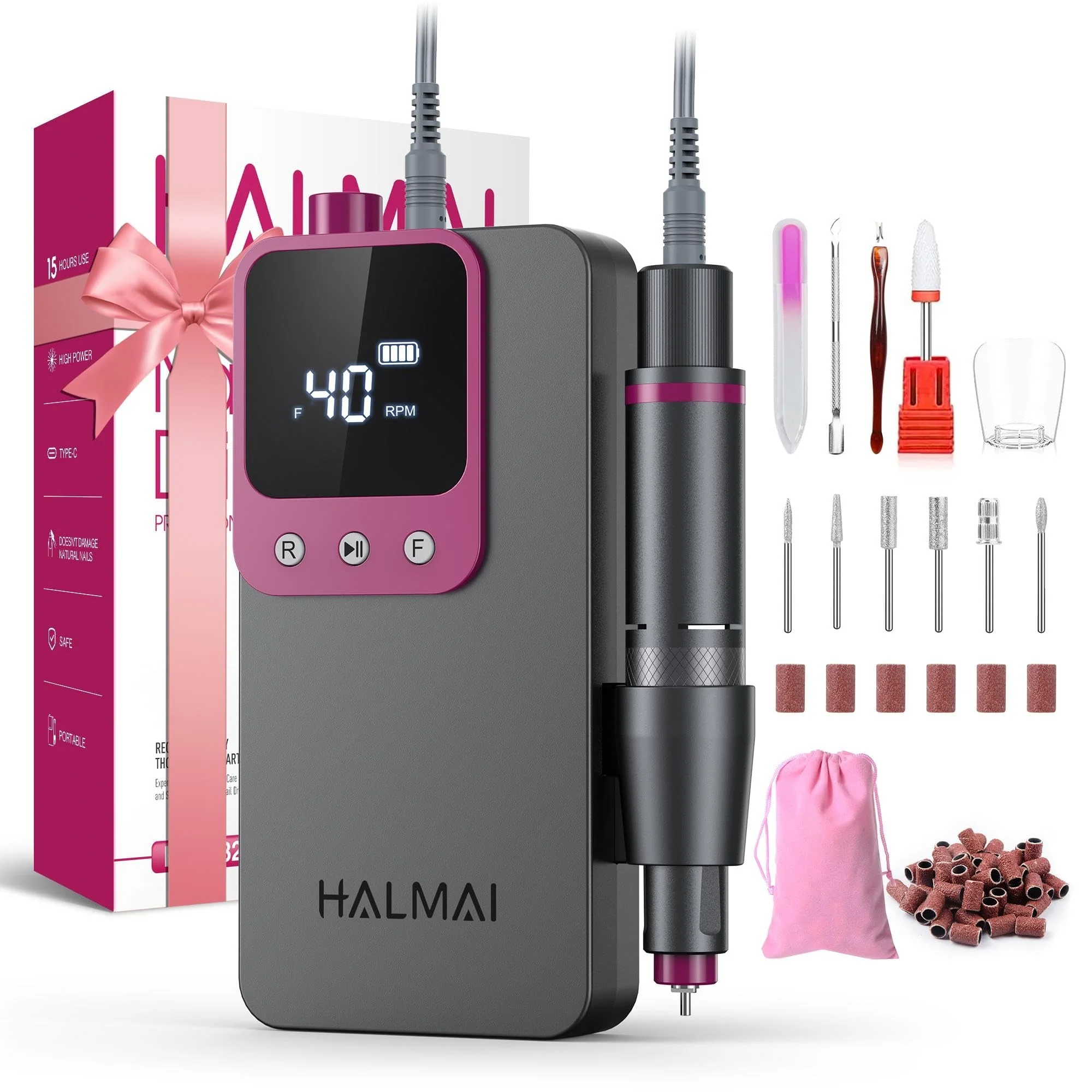 HALMAI Elektrischer Nagelfräser Professionell, Tragbare Nagelfeile für Acryl-Gel-Nägel, Kabelloses wiederaufladbares Nagelbohrer-Kit 40000RPM, HMC320 Salon-Grade Efeil-Nagelmaschine (Dunkelgrau)