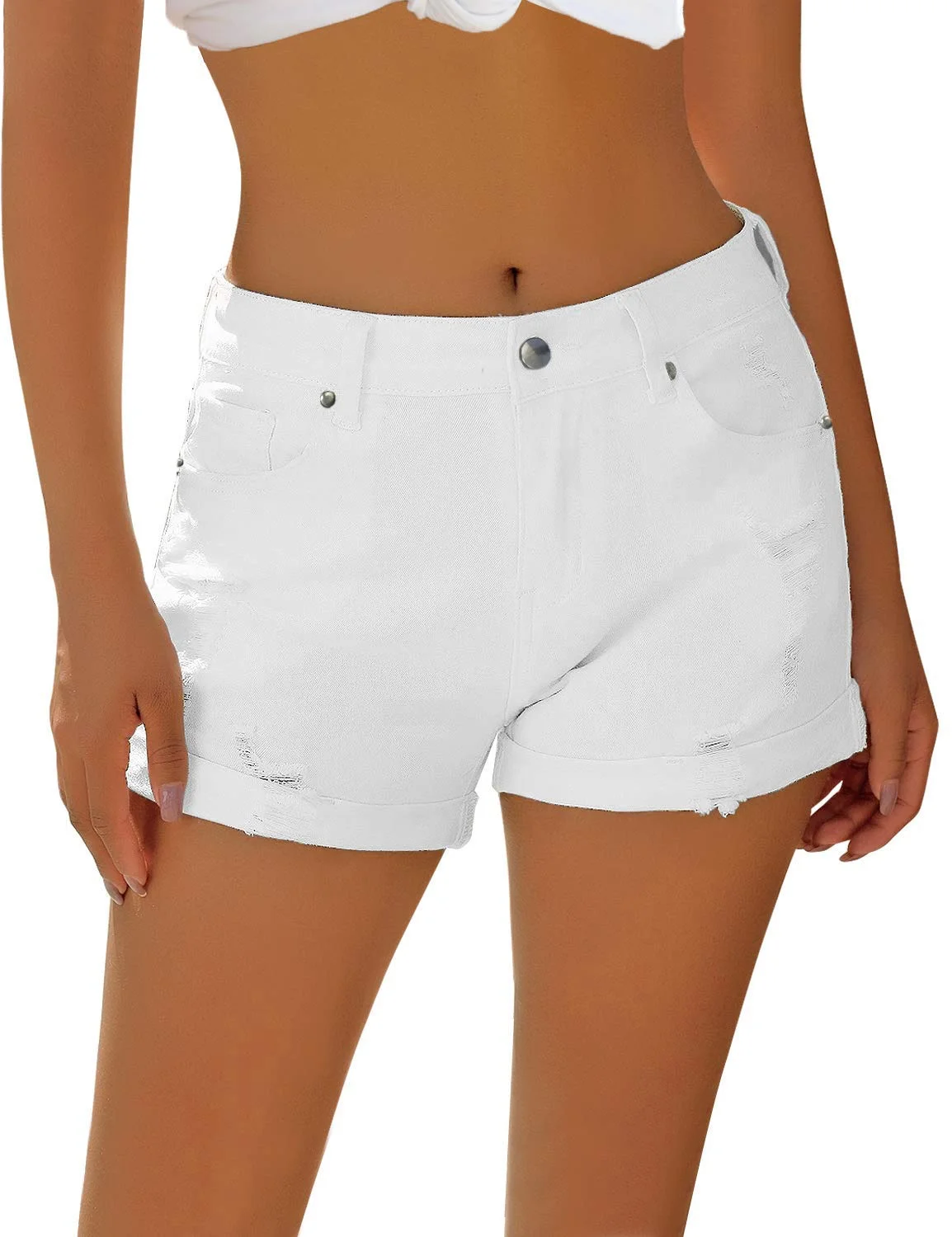 Necooer Damen Casual Ripped Denim Shorts Mittlere Taille Kurze Jeanshose mit Taschen