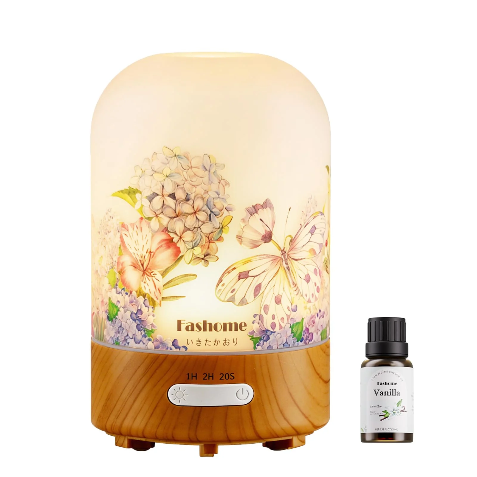 Aroma Diffuser 100ml aus handgefertigtem Glas, Ultraschall Diffusor für ätherische Öle mit Frühlings-Blumendruck, Inkl. 10ml Vanille-Öl, 4 Zeitmodi & 3 Licht-Effekte – zertifiziertes Frühlings